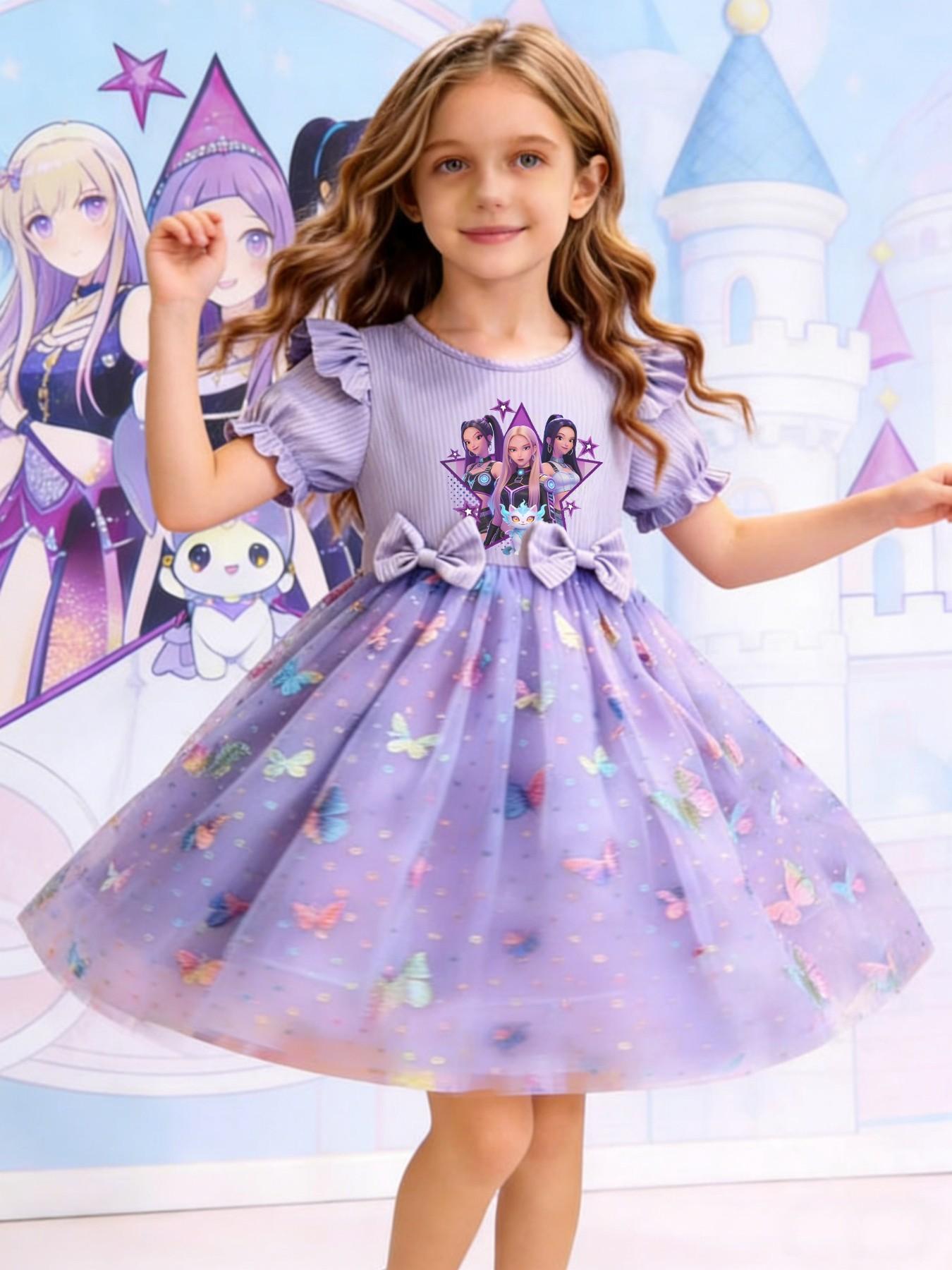 Princess Party Dance Dress, Butterfly Mesh Skirt, Dreamy Elegant Design, K-Pop Girl Group Print, Perfect for Camping Travel Parties