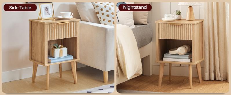 Mahancris End Table, Fluted Night Stand, Modern Table with 1 Drawer and 1 Open Compartment, Mid Century Style, for Living Room, Bedroom, Study, Office, Natural Mahancris End Table, Fluted Night Stand, Modern Table with 1 Drawer and 1 Open Compartment, Mid Century Style, for Living Room, Bedroom, Study, Office, Natural