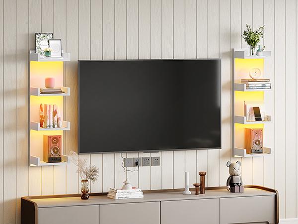 HOOBRO Wall Shelf with LED Remote Control Lights, 4-Tier Floating Shelves Wall-Mounted for Storage, Vertical Display Stand, Modern Column Rack, for Bedroom, Living Room, Hallway, White Interior Decoration Items