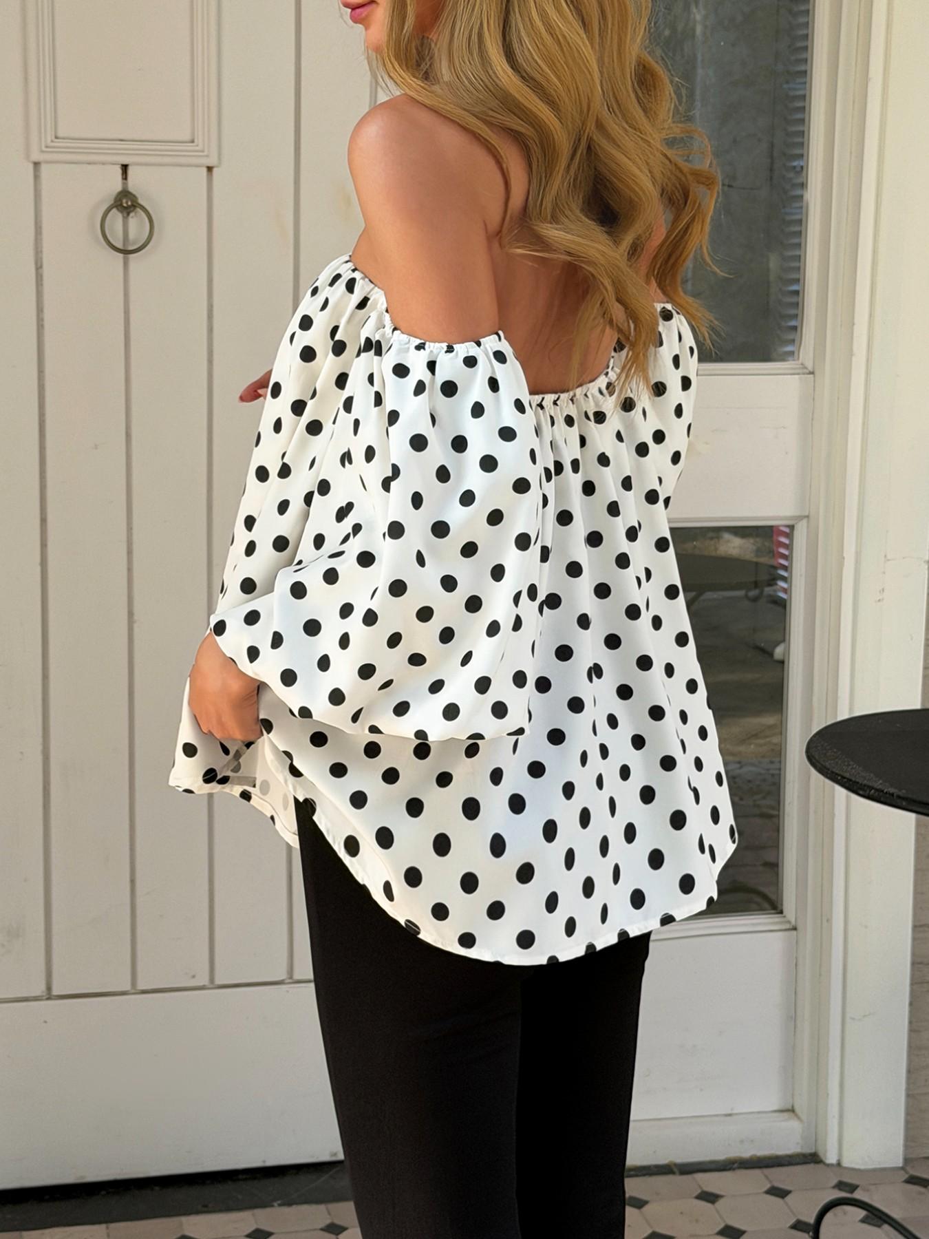 Women Off Shoulder Polka Dot Blouse Loose Puff Sleeve Top Flowy Boho Peasant Shirt Elastic Neckline Casual Summer Beach Vacation Chic Oversized Top White Black