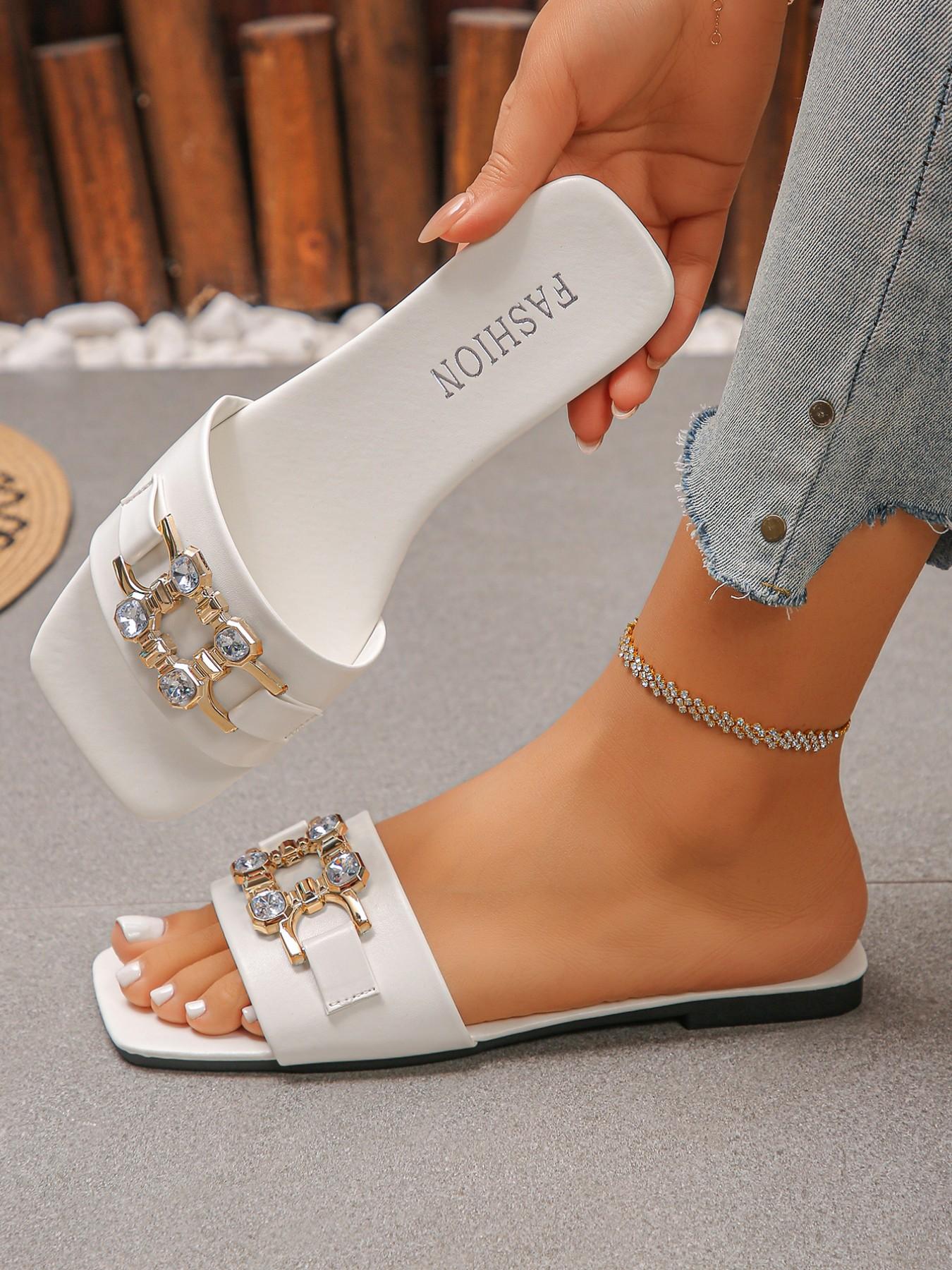 Women's Summer Flat Sandals, New Large Size Rhinestone Decorated Fashion Square Toe Solid Color Slippers, Comfortable and Stylish Footwear