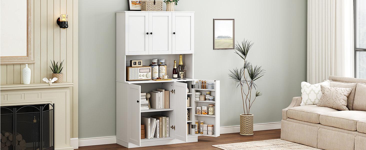 【SPOTLIGHT DAY】ONBRILL 71" Tall Kitchen Pantry Storage Cabinet with Microwave Stand & Door Shelf, Freestanding Kitchen Hutch with 6 Doors and Adjustable Shelves, Modern Food Pantry for Kitchen, Dining Room