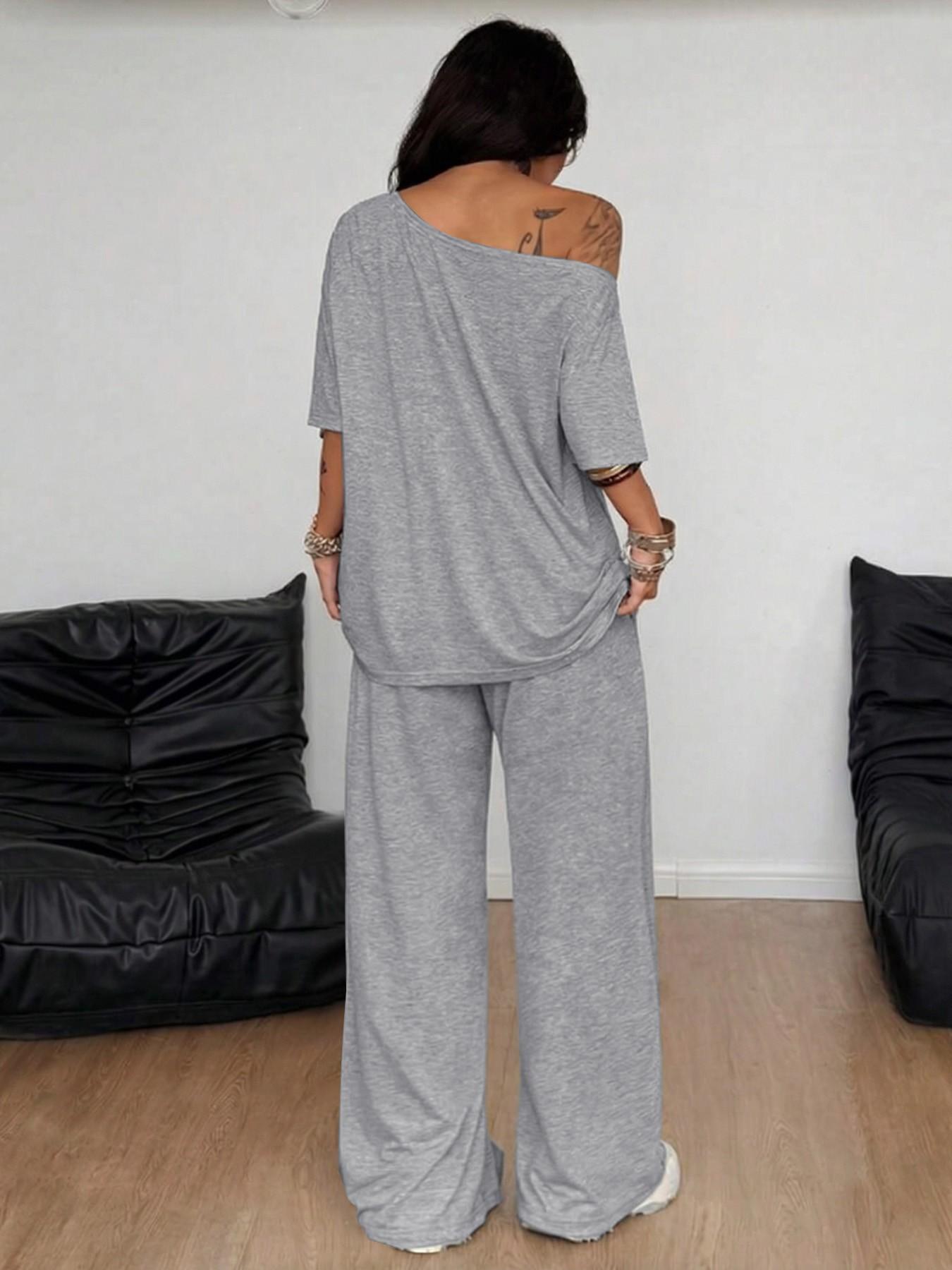 2026 French Minimal Off-The-Shoulder Loungewear Top, Summer Loose Short Sleeve, Drawstring Adjustable High Waist Wide Leg Pants, Figure-Flattering Casual, Casual Loungewear Sets