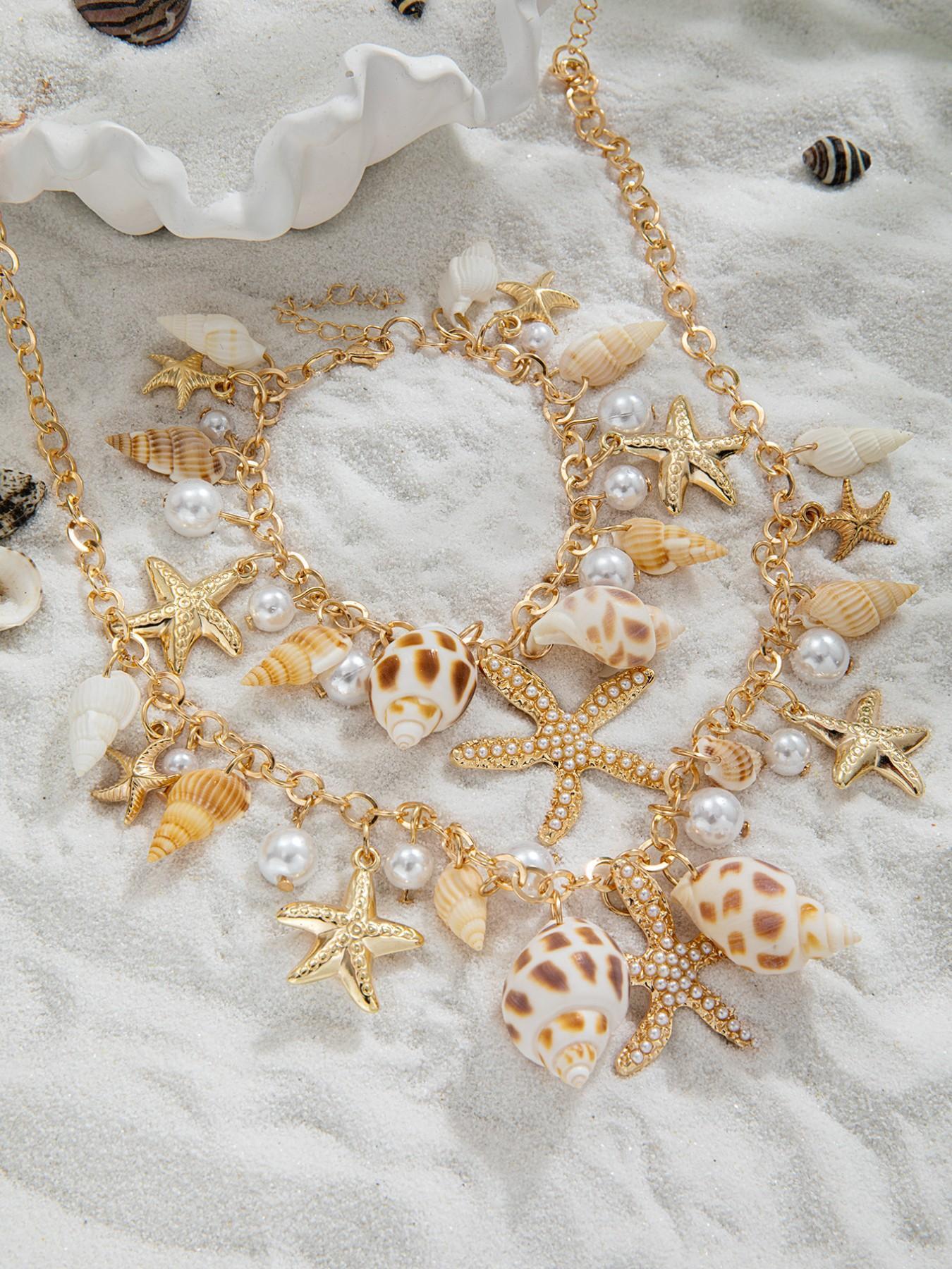Unisex 2-Piece Ocean Theme Alloy Costume Jewelry Set - Imitation Pearl, Starfish, Shell, Geometric Pattern Necklace & Bracelet for Daily Wear, Gifting