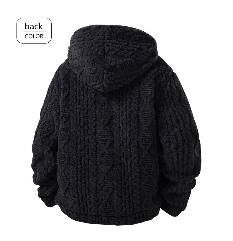 Men's Warm  relaxed fit outer Jacquard Fabric Loose-Fit Full-Zip Hoodie Jacket - Plush Texture Plain Hooded Outer Coat with Decorative Zipper Pull, Kangaroo Pockets, for Outdoor Indoor, Urban Commute, Menswear Tops