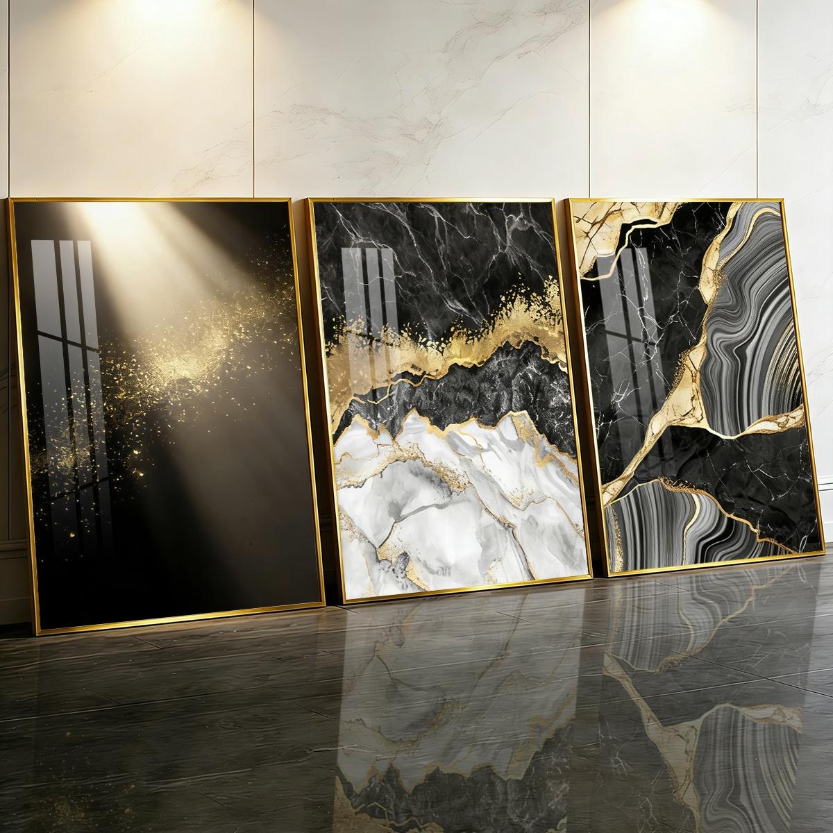 3 Counts Aluminum Alloy Framed Painting, Abstract Black Gold Marble Texture Pictures, Home Decoration For Living Room, Bedroom, Office, Restaurant, Hallway Wall Decor, Odorless Print Artwork, Luxury Perfect Gift For Friends And Family