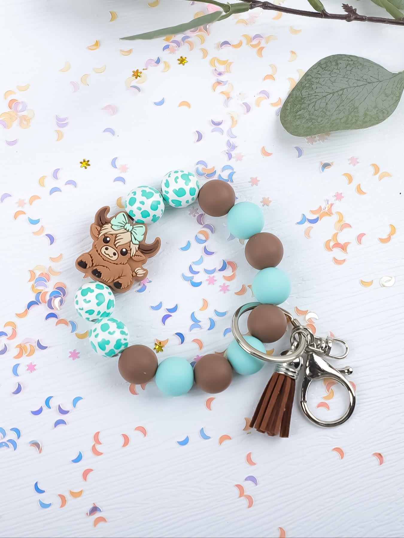 Cute Farm Style Beaded Wrist Keychain, Multiple Colors Available, Spot Pattern Beads with Bow Cow Design, Perfect Gift for Friends & Family
