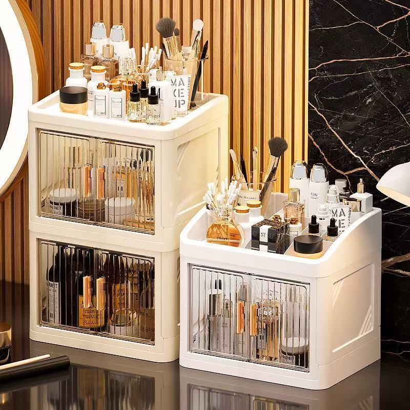 Transparent Foldable Cosmetic Storage Box, Multi-Layer Dual Door Desktop Dustproof Skincare Organizer, Desk Makeup Container, Makeup Tool Organizer, Beauty Organizer, Organizing Tool, Storage Organizer, Dustproof Makeup Organiser