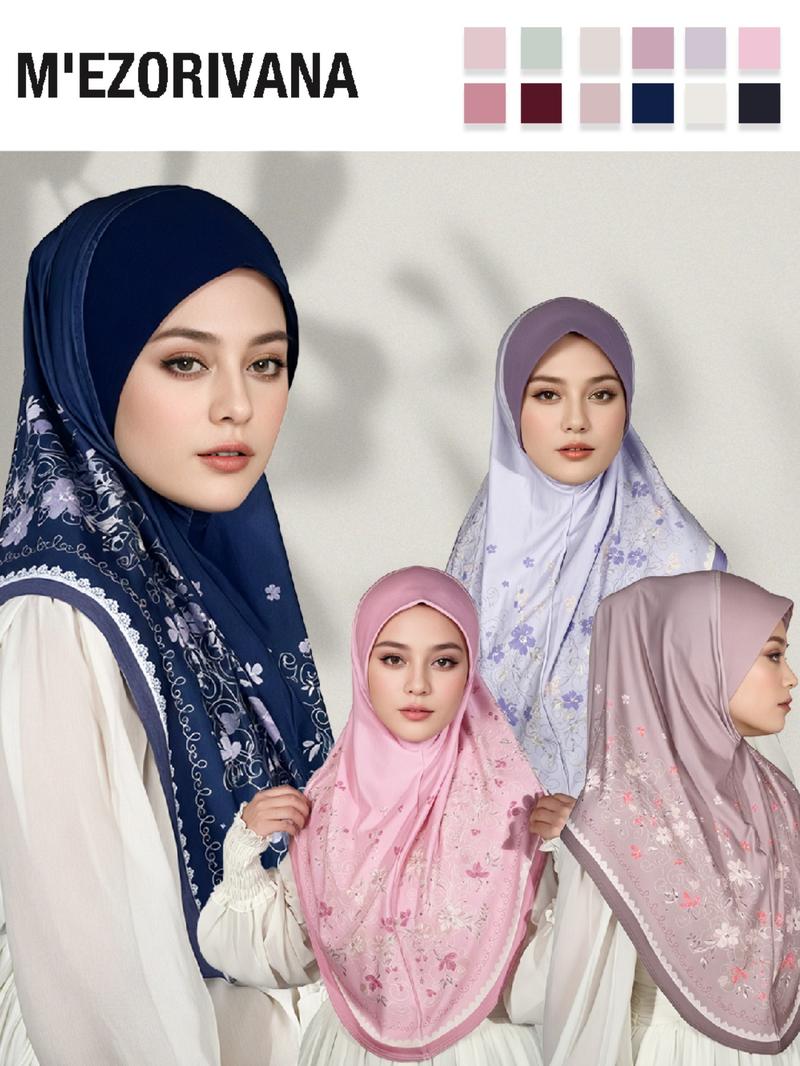 Muslim Headscarf Stretchy Hijab with Floral Print and Gemstone Accents, Multiple Colors Available, Chiffon Fabric, Comfortable Hat Brim, Ideal for Ramadan