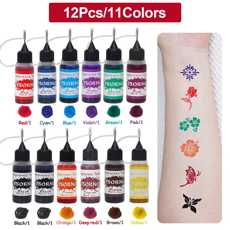 Hand Tattoo Stencil Set with 12 Temporary Tattoo Juice Bottles, Multi-Pack, Non-Flammable, Includes Purified Water & Ethanol