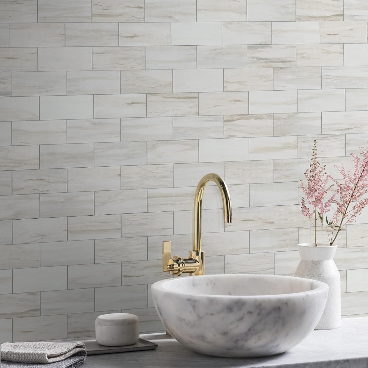 Vamos Tile 100-Piece Glossy Wooden Marble Grain Peel and Stick Backsplash Tile,3''x6'' PVC Subway Tile with White Grout, Stick on Backsplash for Kitchen/Bathroom/Fireplace