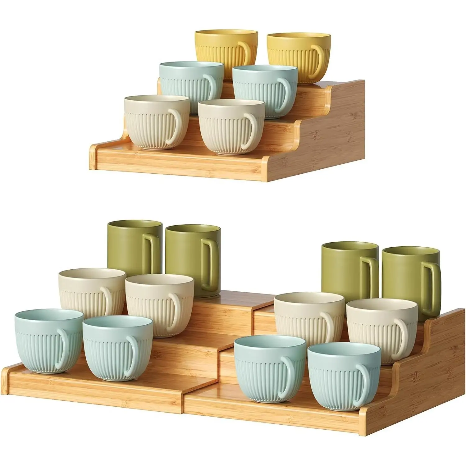 3-Tier Expandable Bamboo Mug Holder For Countertop Coffee Cup Holder Display Mug Organizer Mug Rack for Coffee Bar Organizer Mug Shelf for Cabinet for Kitchen, Home