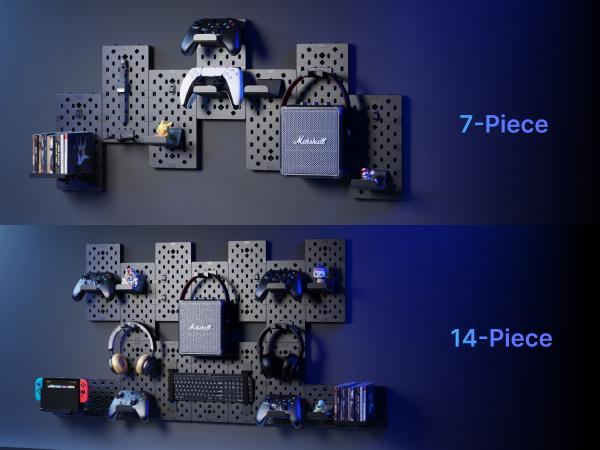 Pegzone Controller and Headphone Holder Wall Mount, Modular Gaming Pegboard with Accessories, Controller Stand for Xbox PS5 PS4 Switch, Video Game Storage, Disc Shelf Organizer, 7pcs/14pcs Pegboard
