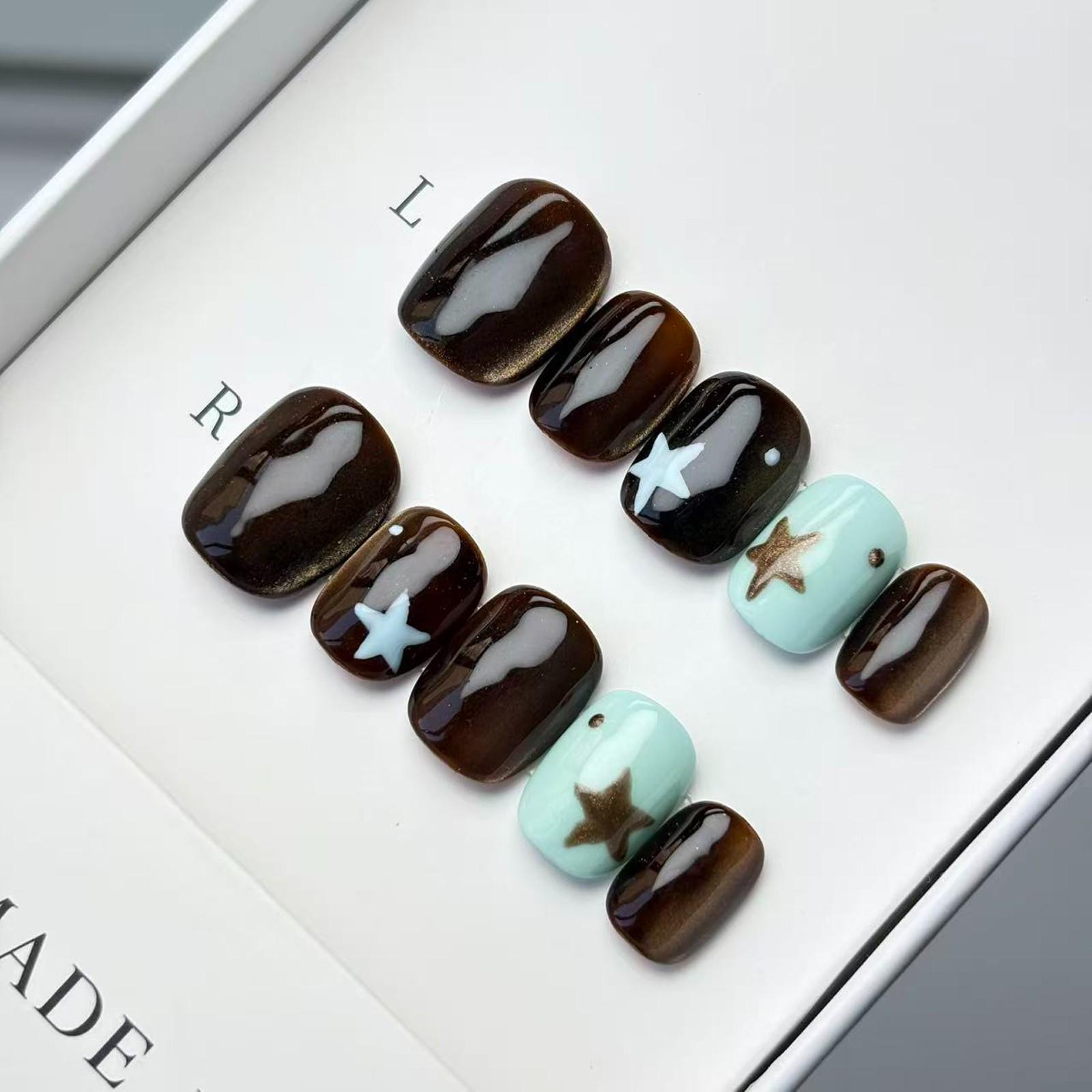 Luxury Nail Freedom! Coffee Cat Eye Star Press On Fake Nails, Get Baddie Nails In 5 Mins, No Salon Needed