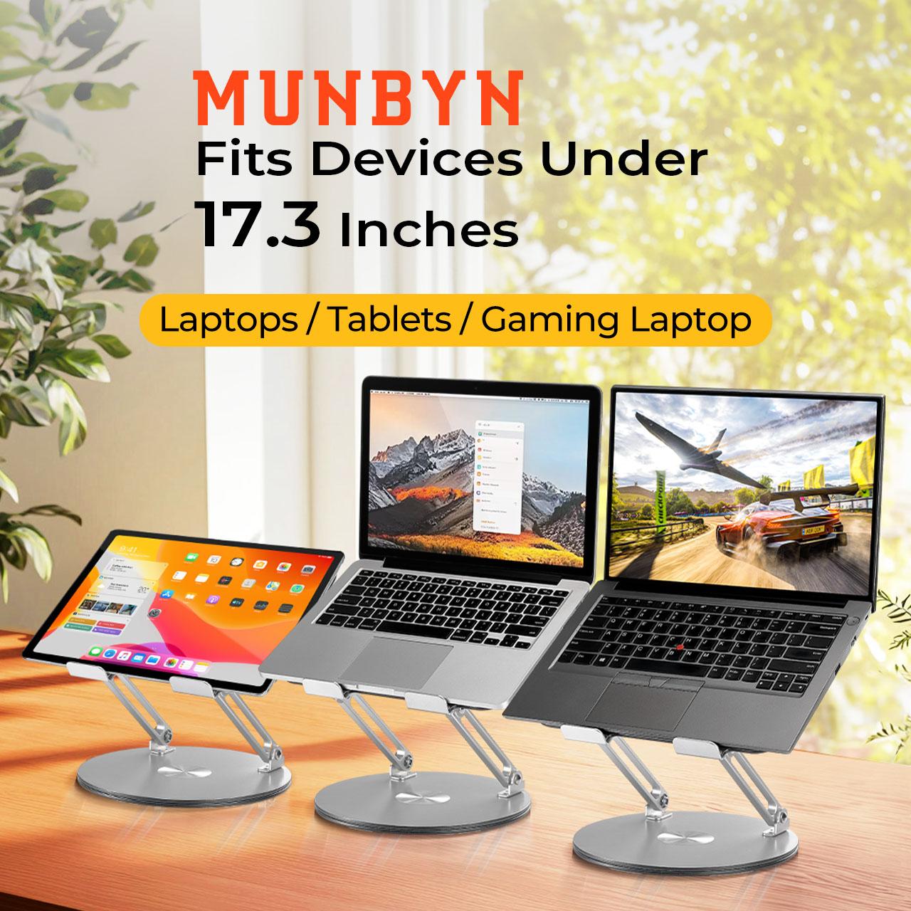 【 MUNBYN 360° Rotating Laptop Stand】Adjustable Foldable Aluminum Laptop Stand, 2-in-1 Multifunctional Laptop Stand Hub for Gaming laptop & Mobile stand,Gray