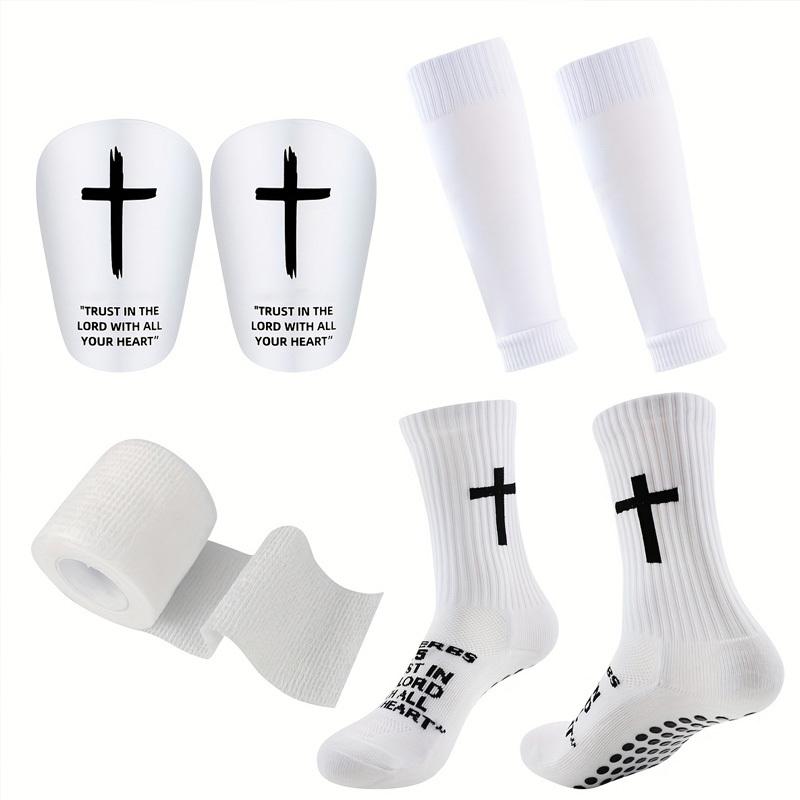 Soccer Protection Set, Football Socks Shin Guards Tape Kit Non Slip Grip Socks + Cross Print Shin Guards for Football Shock Absorbing Shin Guards, Sports Tape, Full Protection Kit for Football Training