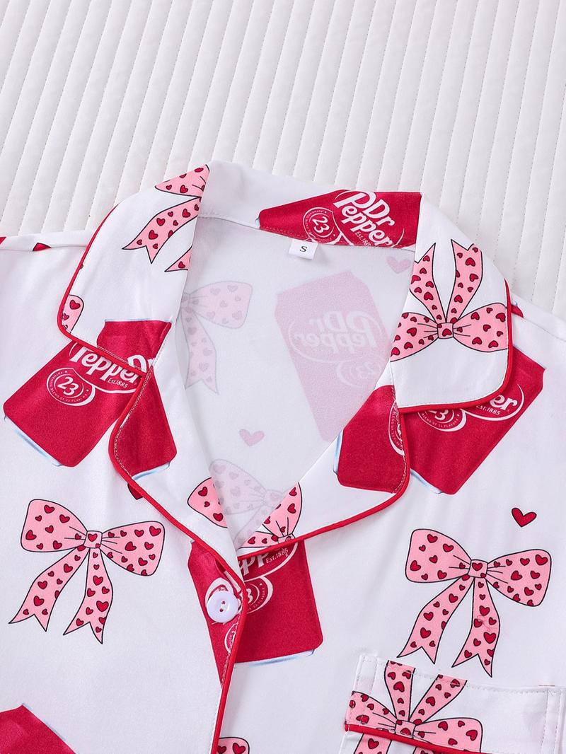 2-piece Valentine's Day Spring/Summer Women's White Bottom Full Body Love Bow Beverage Bottle Printed Short Sleeve Shorts Soft and Comfortable Top Small Pocket Elastic Waist Head Suitable for Four Seasons Home, Leisure, Regular Wear, Nightwear