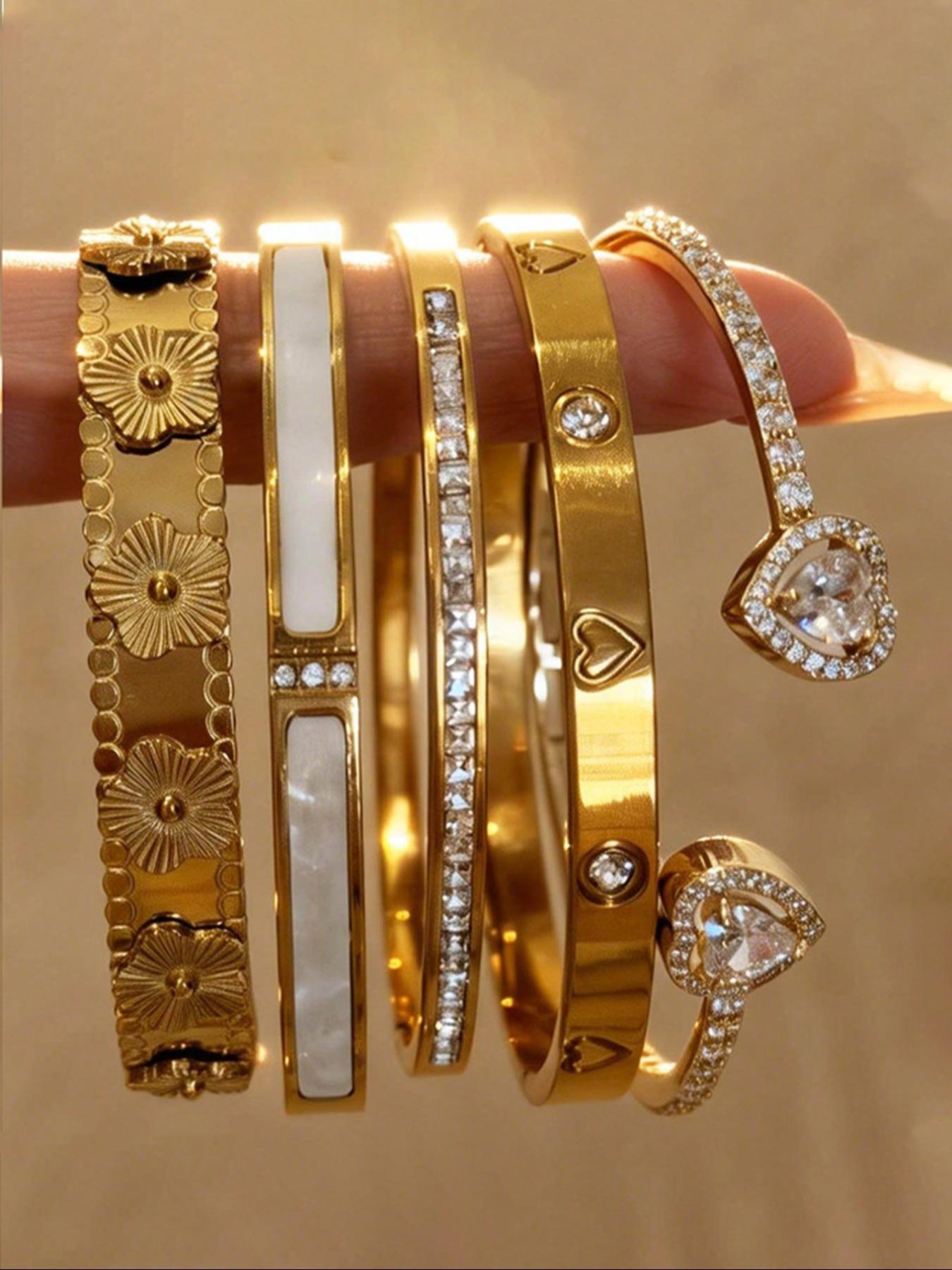 5-Piece Waterproof Titanium Steel Bracelet Set, Rhinestone Design, 18K Gold Plated, Versatile Bracelet, Unisex Elegant Jewelry, Stackable Bracelets, Fashion Bracelet