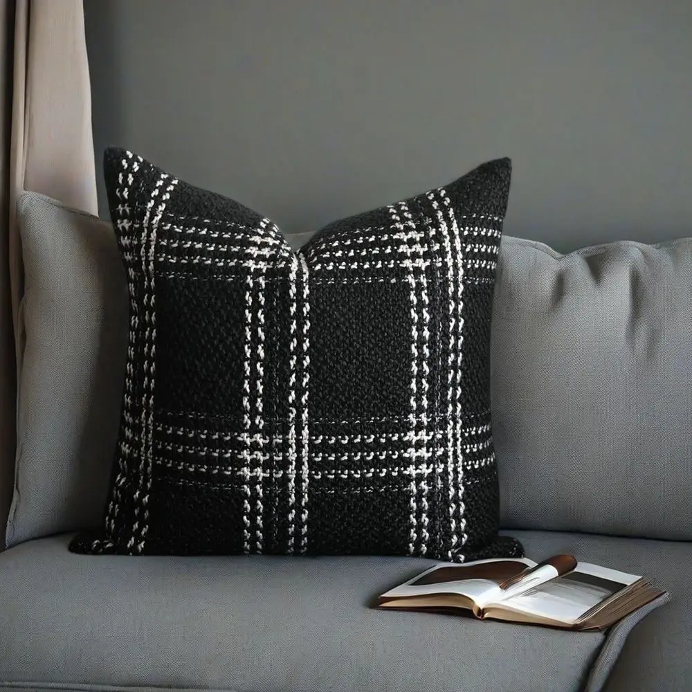 Chenille Plaid Throw Pillow Covers, Boho Farmhouse Black‑White Grid Woven Raised Textured Cushion Covers, Decorative Pillowcase for Couch Sofa Bed Living Room Home Decor, Pillow Inserts Are Not Included