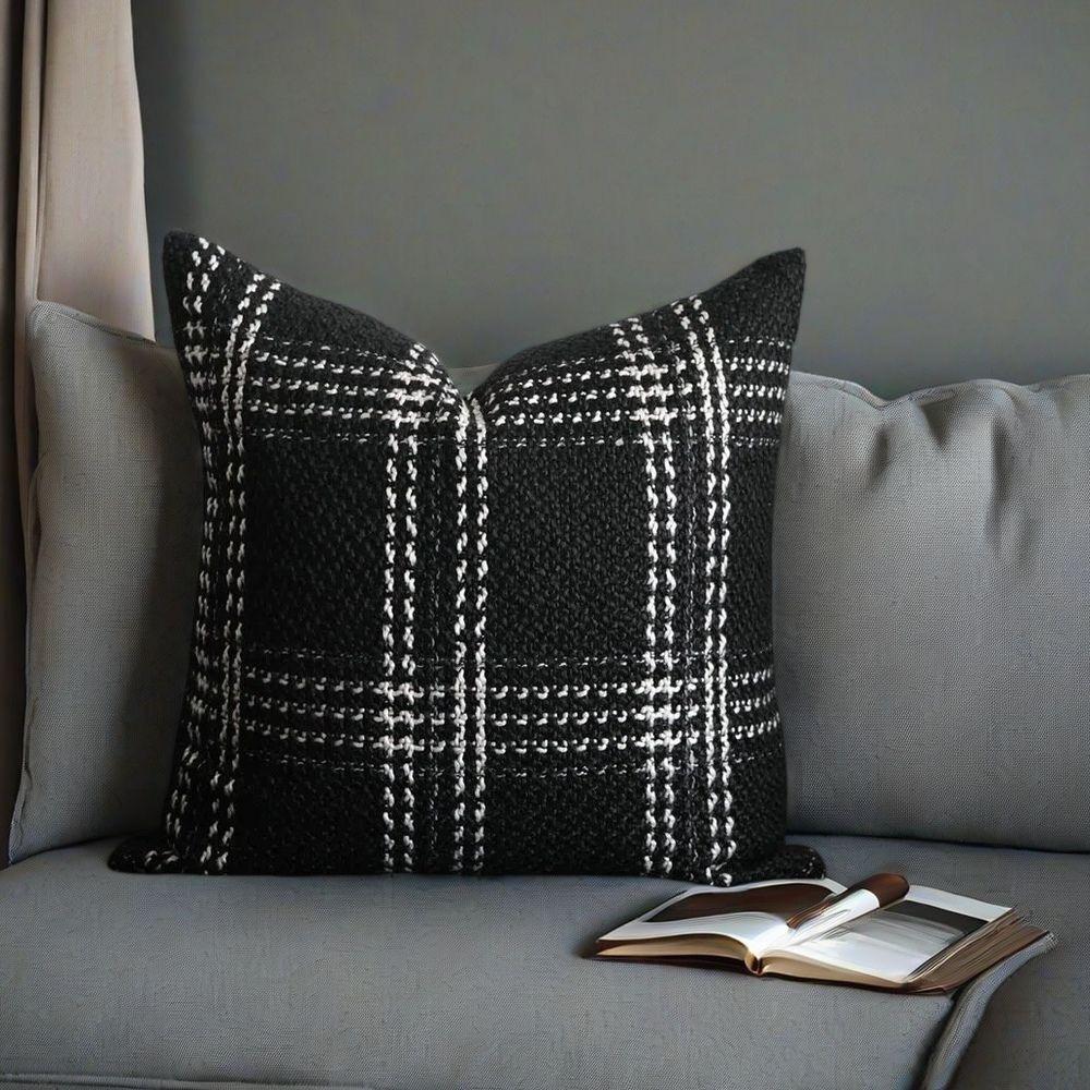 Chenille Plaid Throw Pillow Covers, Boho Farmhouse Black‑White Grid Woven Raised Textured Cushion Covers, Decorative Pillowcase for Couch Sofa Bed Living Room Home Decor, Pillow Inserts Are Not Included