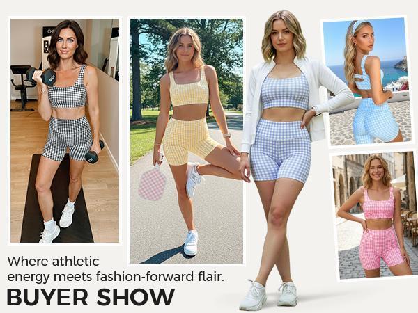 Aoysky Women's 2-Piece Sporty Chic Gingham Gym Set - Padded Open Back Crop Tank Top & High Waist Seamless Sports Shorts, Stretchy Athleisure Suit for Yoga (S-XXL) - Summer, Beach Vacation Outfits, Women's Bathing Suit Set, Workout Equipment