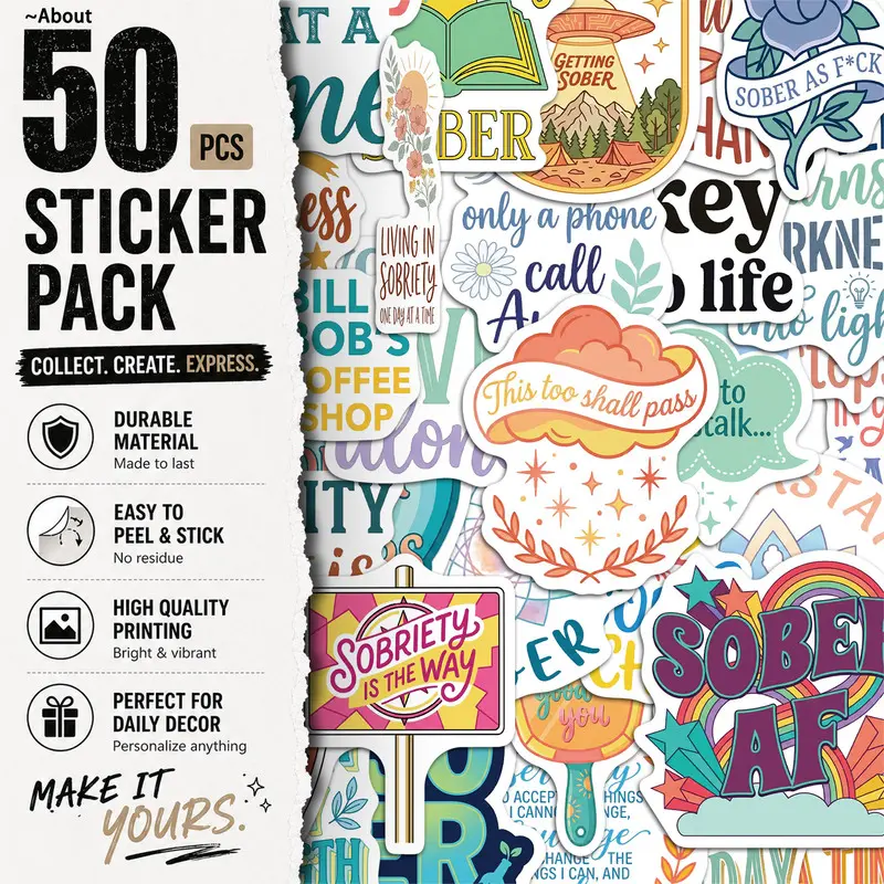 50PCS Sobriety Aesthetic Vinyl Stickers Pack for Laptop Water Bottle Phone Case Skateboard Journal Scrapbook DIY Decoration
