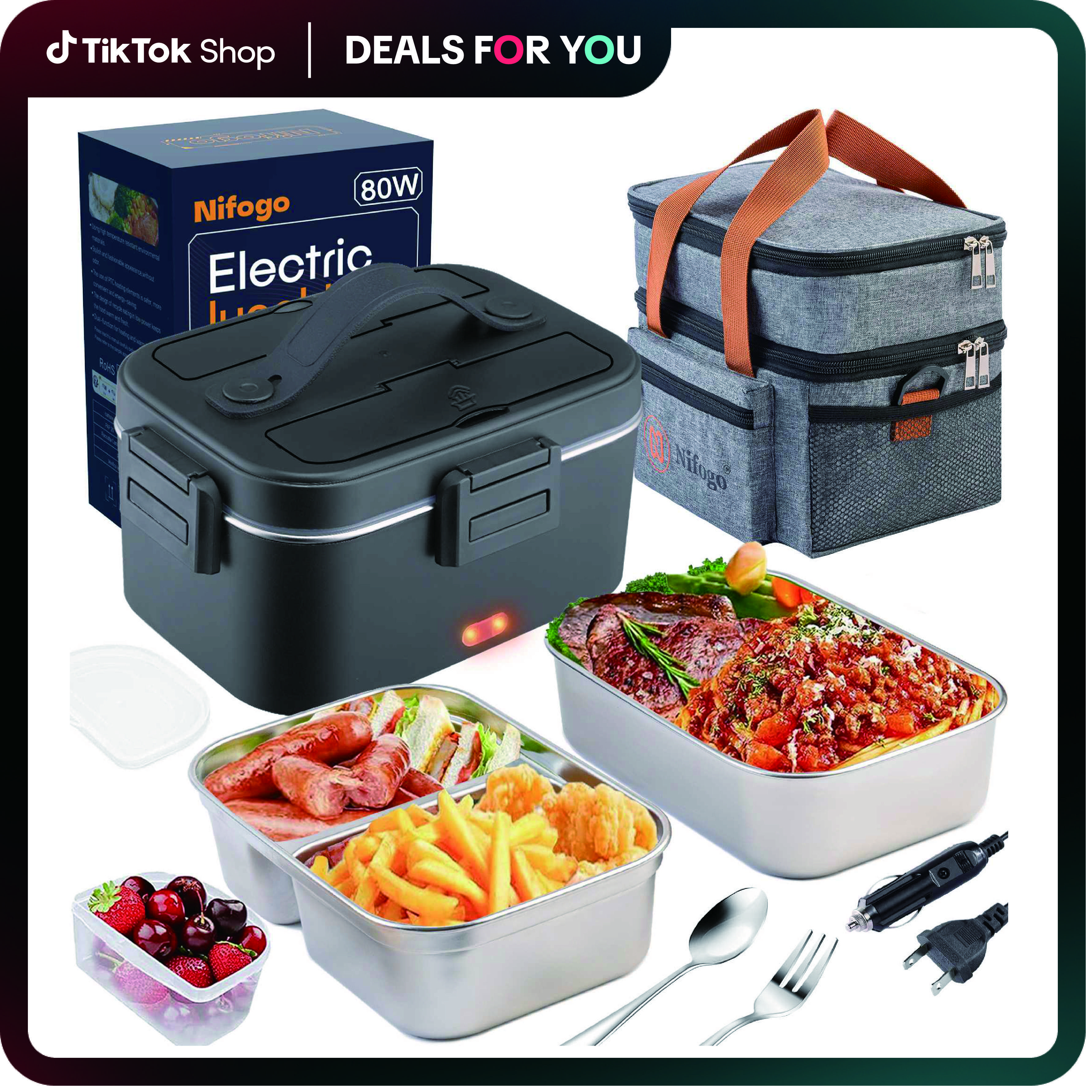 Electric Lunch Box Warmer for Office Workers, 1.8L (1800ml) High-Quality Fast-Heating Leak-Proof Stainless Steel Container with Plastic Fork, Spoon & Insulated Bag, 12V/24V/110V Portable Kitchenware for Car/Truck/Home