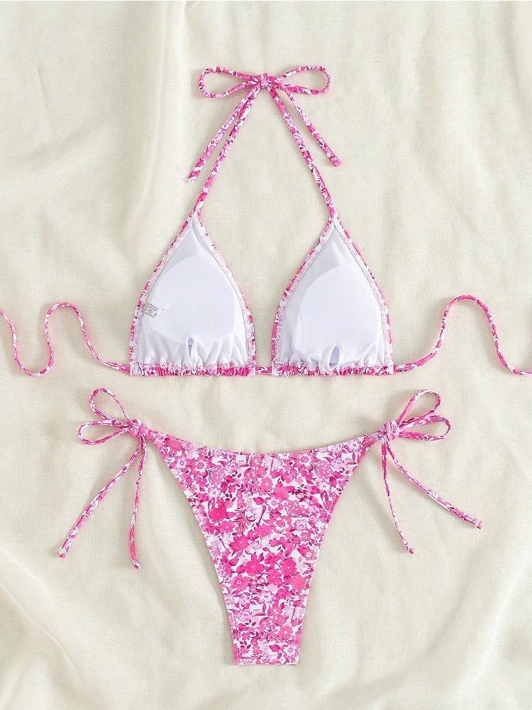 Women's Floral Bikini Set with Adjustable Straps, Sexy Vacation Beachwear, Printed Halter Neck Swimsuit, Spring Summer 2026 Fashion, Floral Print Swimsuits
