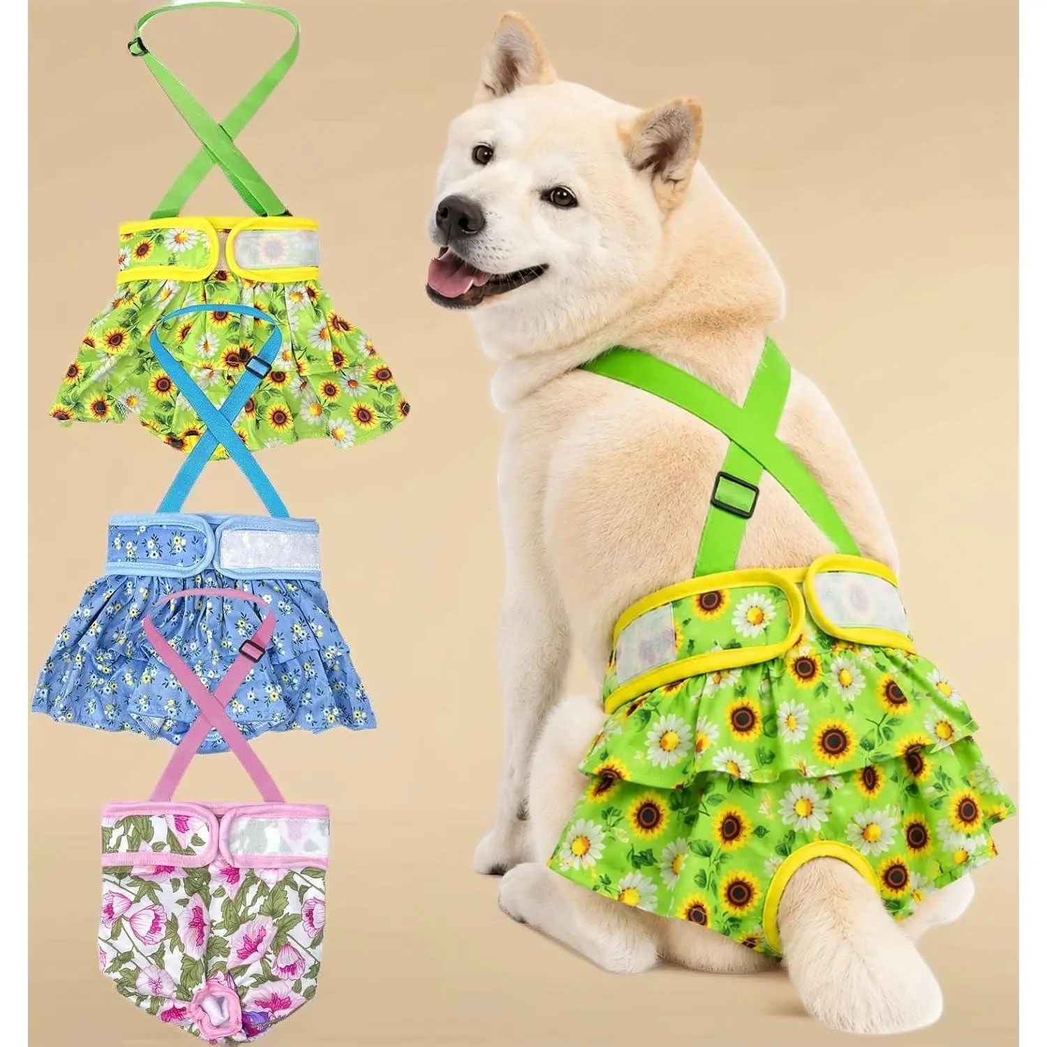 Female Dog Diapers 3-Pack, Reusable Washable Adjustable Non-Removable Suspender Nappies for Dog Heat Cycle
