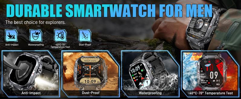 3ATM Waterproof Outdoor Smart Watch for Men with Call Make/ Answer 100+ Sports Modes Pedometer Compass Multifunctional Smartwatch Compatible with iPhone Android Phones Digital Watch Gifts for Men