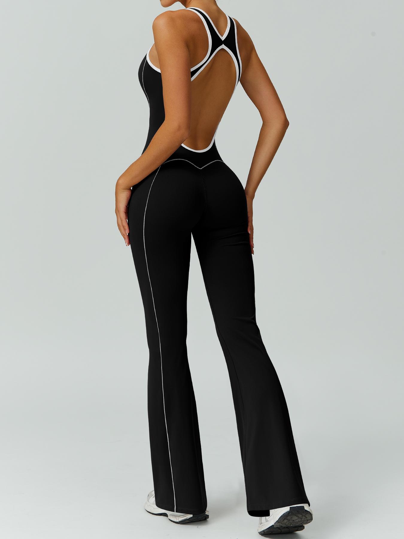 Women's color blocked backless jumpsuit comfortable and nude with a cinched waist sleeveless U-neck wide leg flared pants yoga clothes jumpsuit suitable for gym training outdoor running dancing tennis seasonal fashion contrasting Backless Sports Jumpsuit