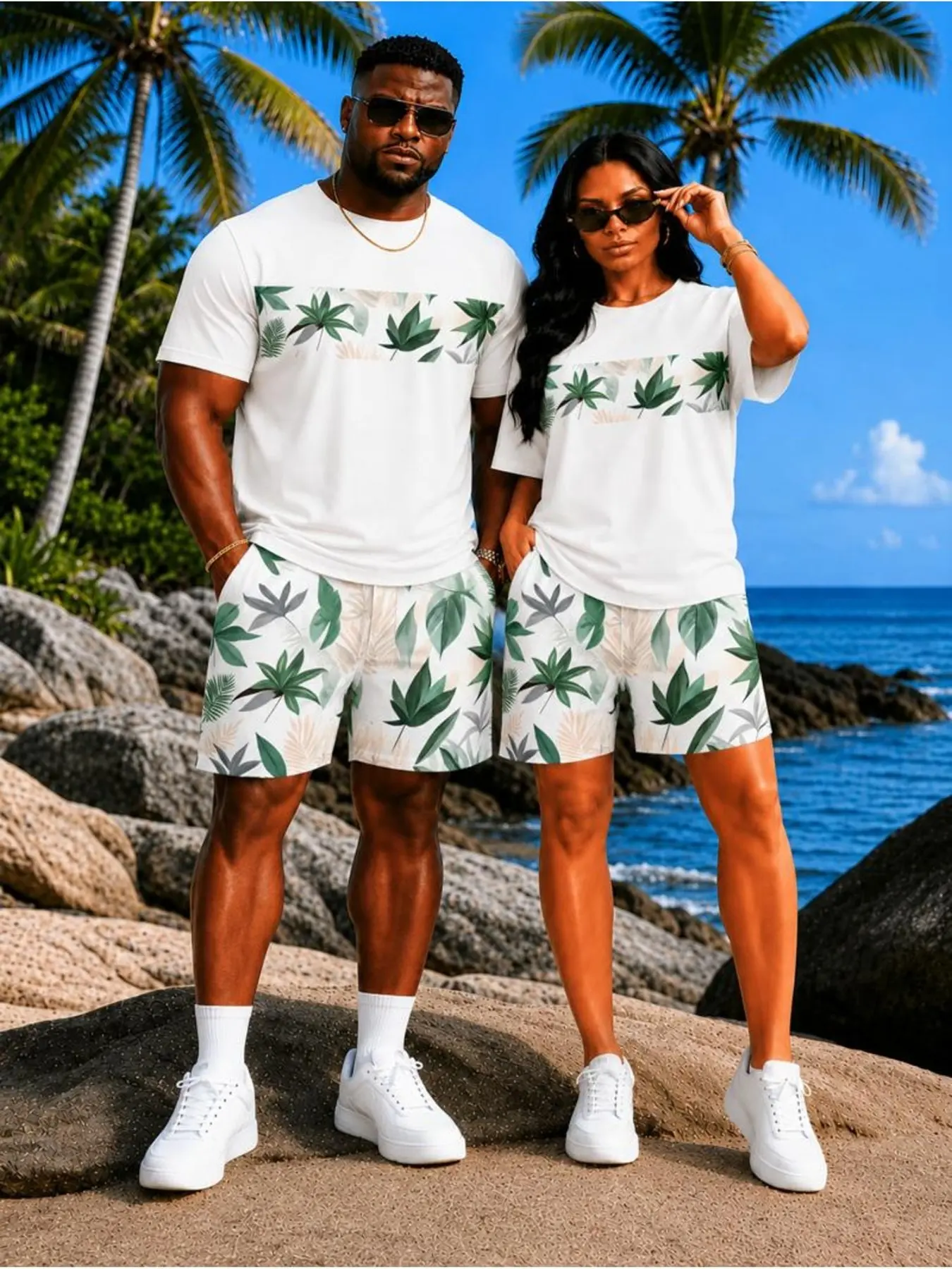 Couple Fashion Set, Summer T-Shirt and Shorts, Unisex, Trendy Colors, Tropical Leaf Print, Beach Vacation, Perfect Gift for Partner