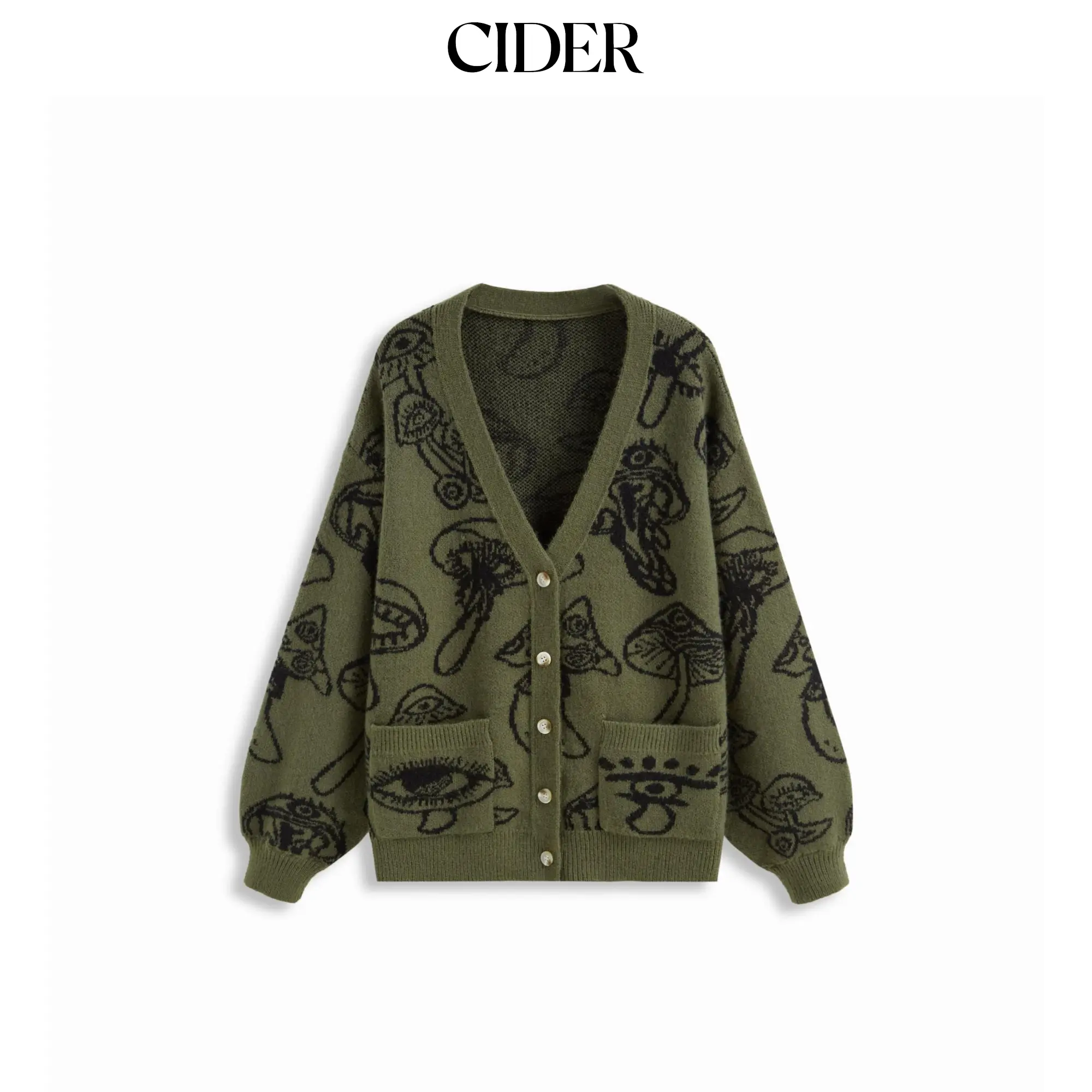 Cider Knit V-neck Mushroom Graphic Cardigan