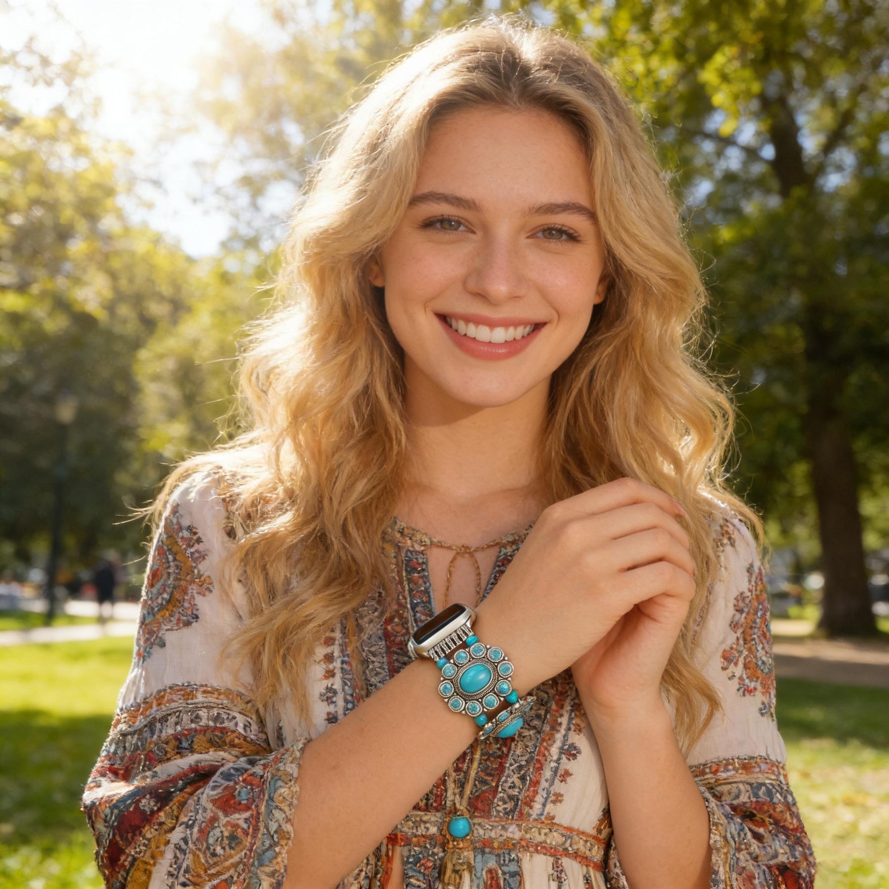 Bohemian Turquoise Beaded Band for Apple Watch，38mm,40mm,41mm,42mm,44mm,45mm,46mm,49mm Boho Vibe Turquoise Stretch Strap for iWatch Ultra1/2/3，S10 S11 SE987654321 Smartwatch Strap Smart Watch Accessories Smart Watch Straps