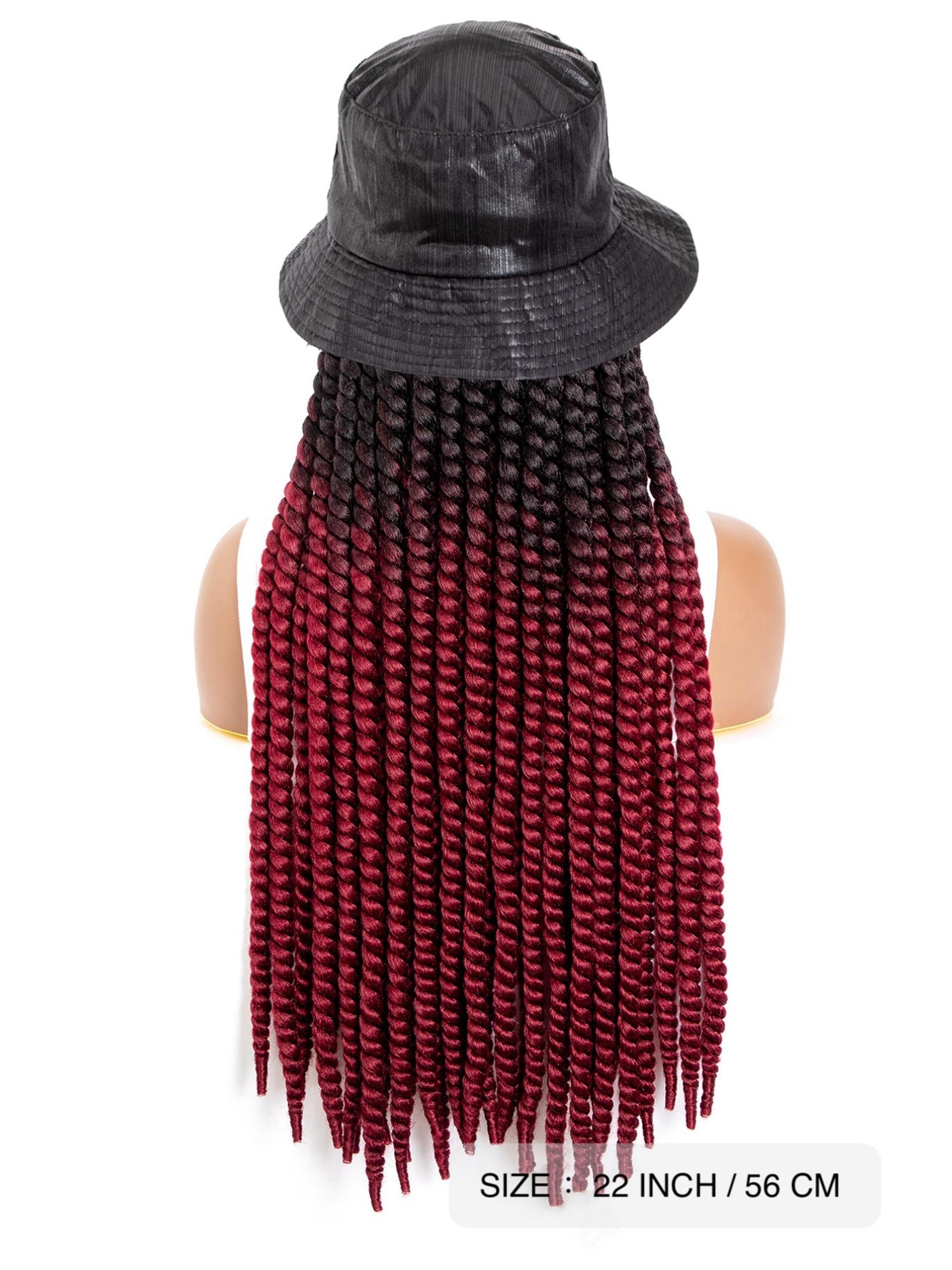 Long Ombre Black Burgundy Synthetic Havana Mambo Twist Braided Hair Extensions Cap Wig Spring Braiding With Bucket Hat