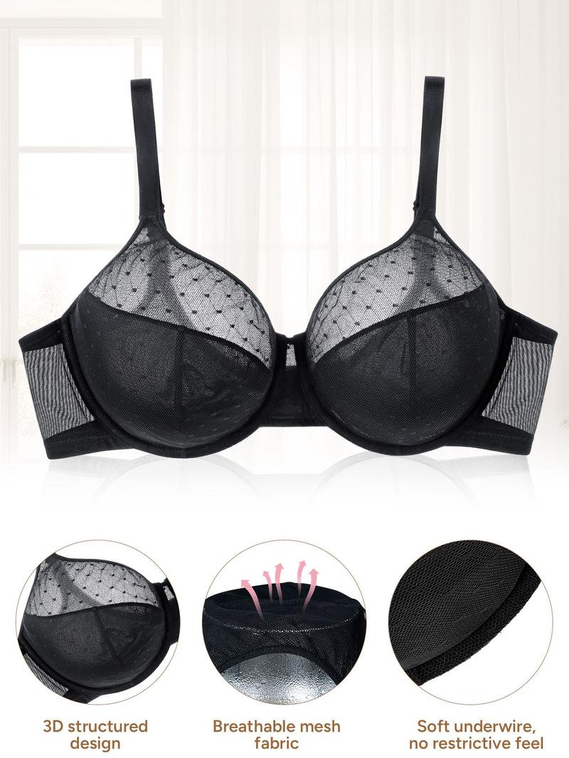 Women's Polka Dot Lace Underwire Full Cup Bra, Comfortable Breathable Mesh Cups, Medium Support, Fitted Design, All Seasons