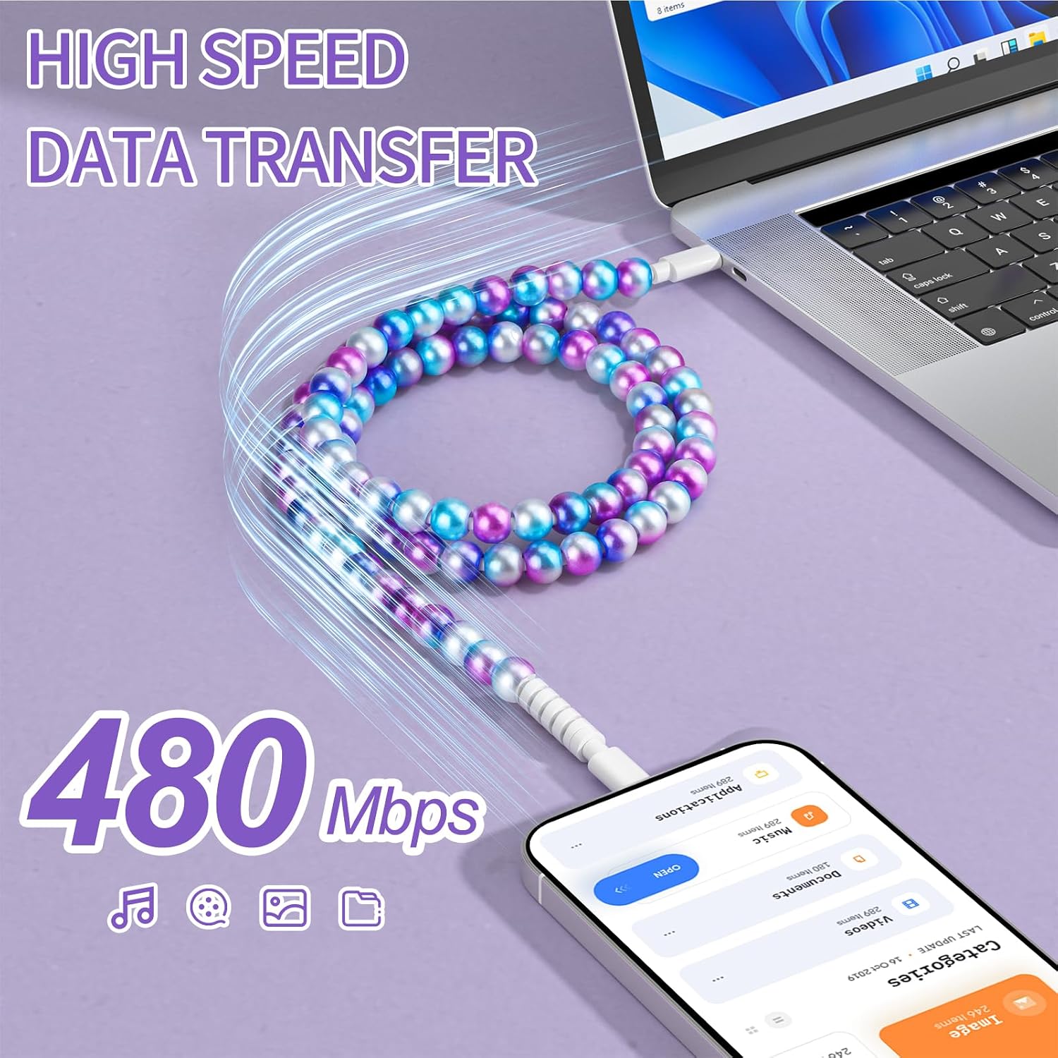 USB C  for  16 Beaded  Cord    for Girls Women 3.3FT Colourful  Type C  for  15, for iPad A16 11th, for Galaxy S25-  Blue Gradient