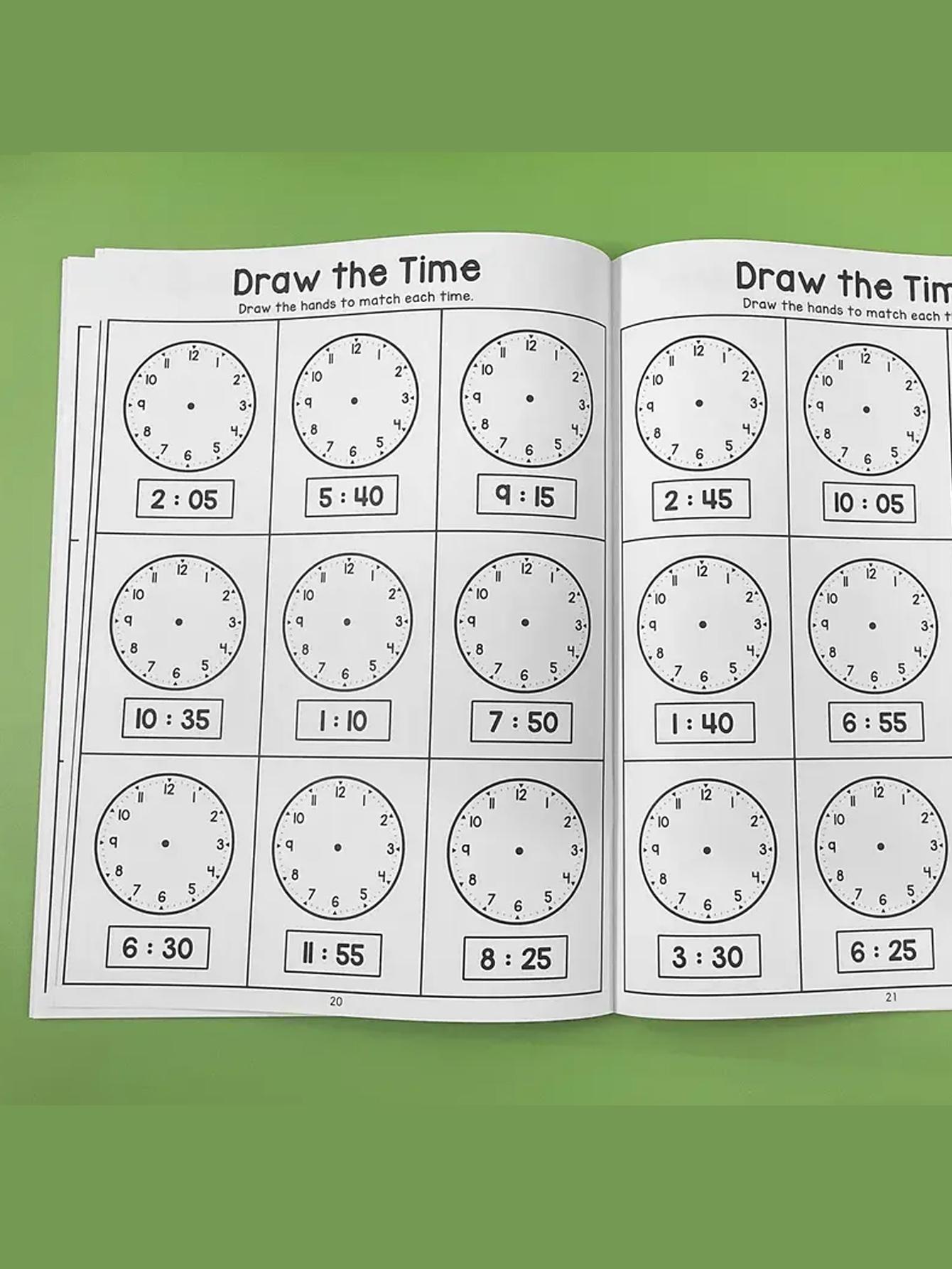 Time Table Practice Book, Learn Reading Analog and Digital Clocks, Colorful Clock Faces, Kindergarten Grade 1 Math Activity, Math Learning Workbook