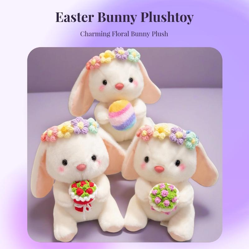 25cm/9.84in Flower Garland Lop-Eared Rabbit Plush Toy - Cute White Bunny Holding Easter Eggs & Flower Bouquet | Festive Decor Ornament | Perfect Gift for Easter, Valentine’s Day, Girlfriend’s Surprise & Best Friend’s Birthday | Soft Cuddly Stuffed Doll