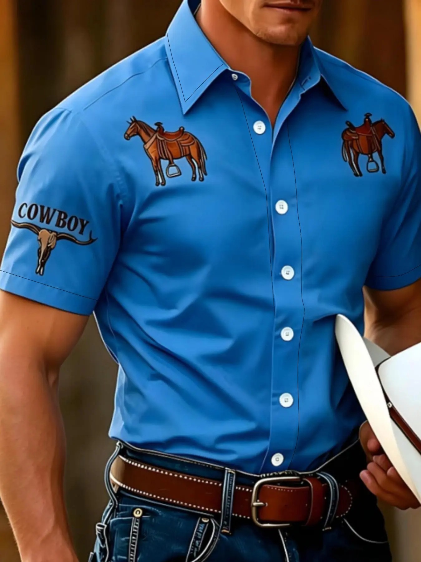 Blue Short Sleeve Shirt for Men, Horse Print Western Cowboy Style Casual Shirt, Summer Clothing for Men, Loose-Fitting Graphic Tee