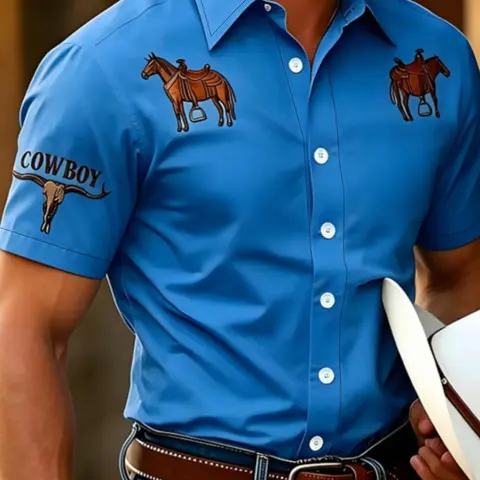Blue Short Sleeve Shirt for Men, Horse Print Western Cowboy Style Casual Shirt, Summer Clothing for Men, Loose-Fitting Graphic Shirt, Casual Printed Menswear