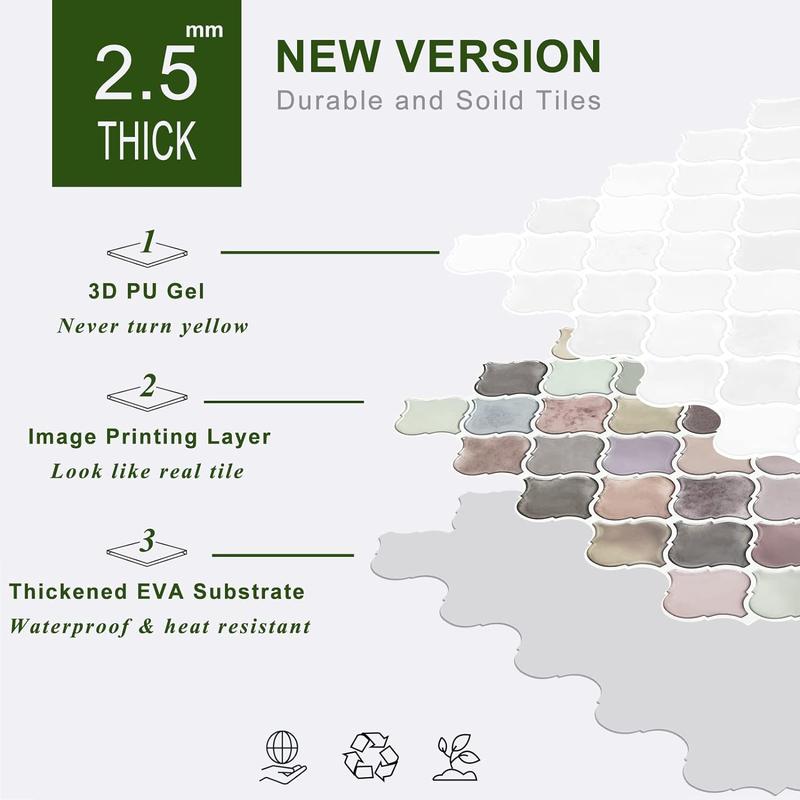 STICKGOO 10-Sheet Multicolor Arabesque Vinyl Tile Peel & Stick Backsplash, Peel and Stick Wall Tile For Bathroom, 12”X12” Self-Adhesive Kitchen Backsplash Tiles (Thicker Design) Home Decor Decorative
