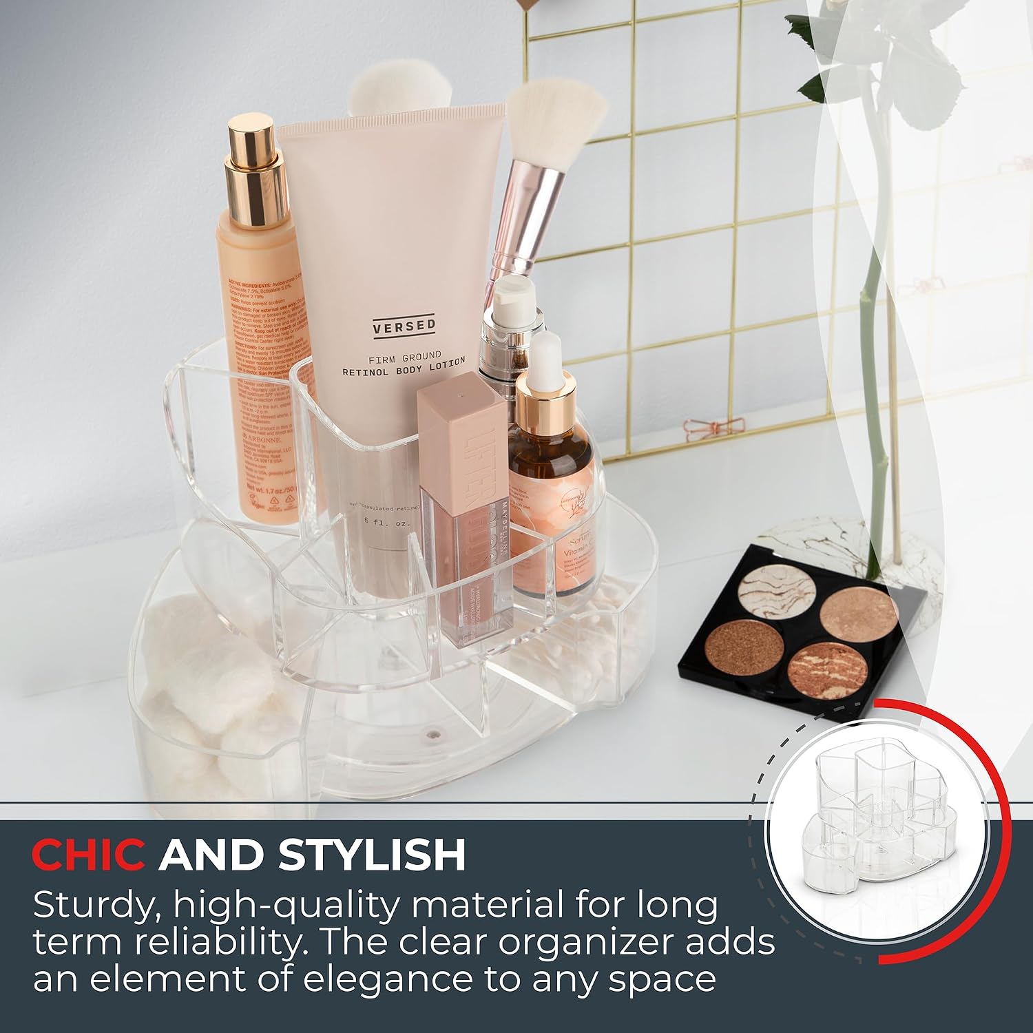 360- Rotating Makeup Organizer – Small   Storage  with 5 Compartments, Mini Lazy Susan  Organizer for Bathroom Counter, Skincare, Perfume, Brushes, Clear