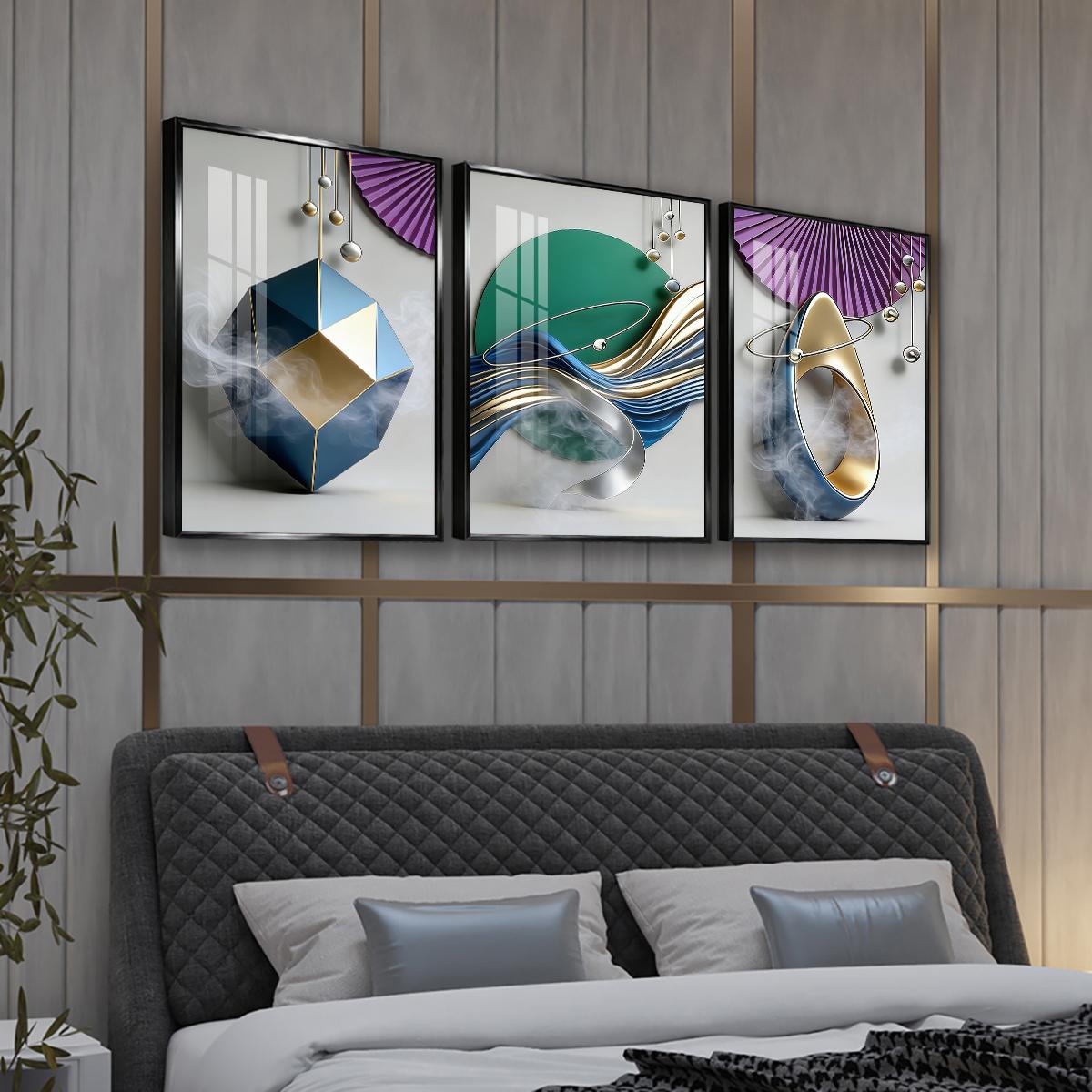 3 Counts Aluminum Alloy Framed Painting, Geometric Abstract Metallic Shapes And Smoke Art Pictures, Home Decoration For Living Room, Bedroom, Office, Restaurant, Hallway Wall Decor, Odorless Print Artwork, Luxury Perfect Gift For Friends And Family