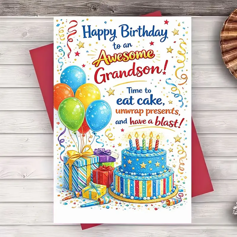 Cheerful Birthday Card for Grandson, Vibrant Cake and Balloons Design, Perfect Gift for His Special Day, Sent From Grandparents