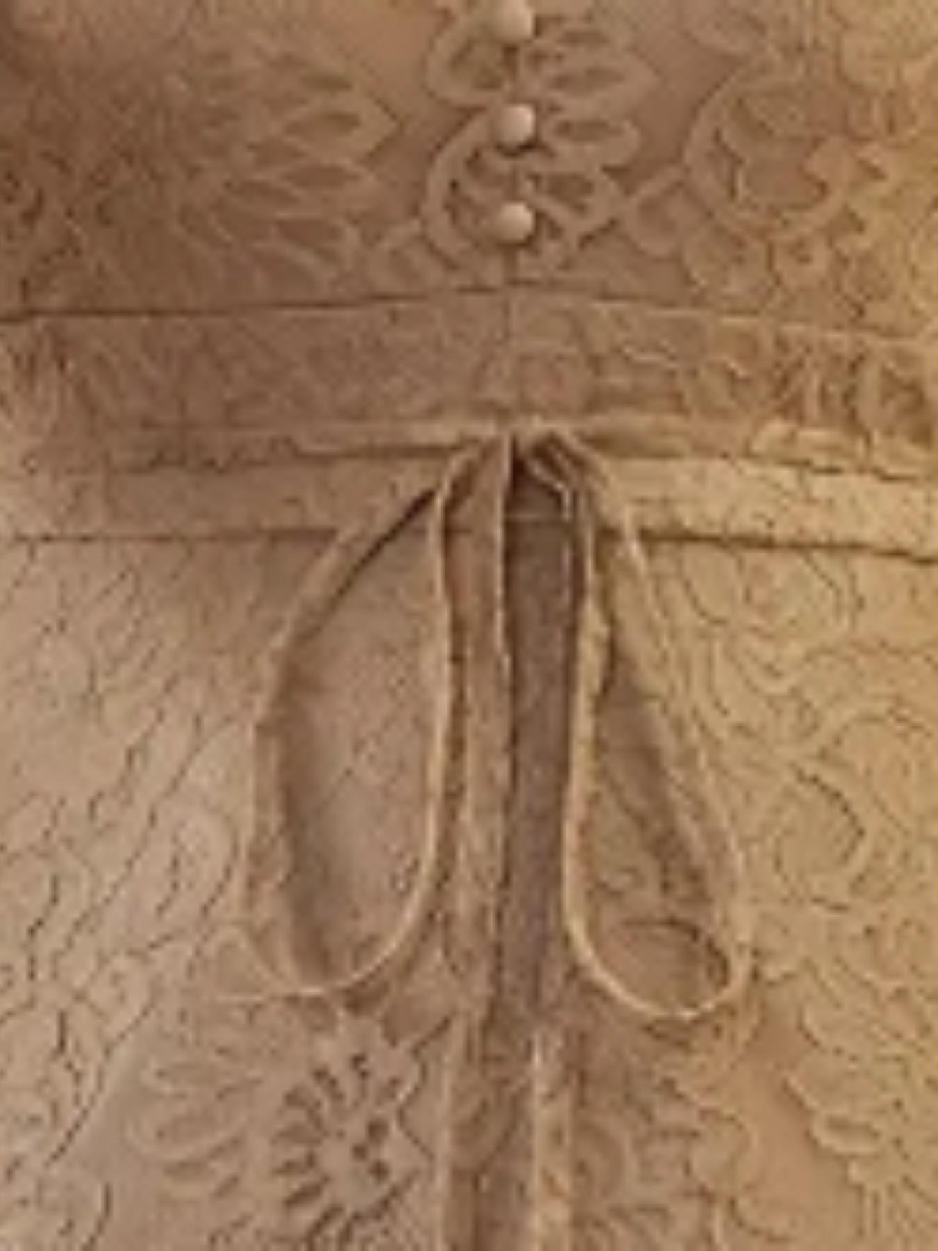 Spring Summer Women's Elegant Daily Commute Dress, Light Gold V Neck Lace 3/4 Sleeve Midi Dress, Waist Belted Slim Fit