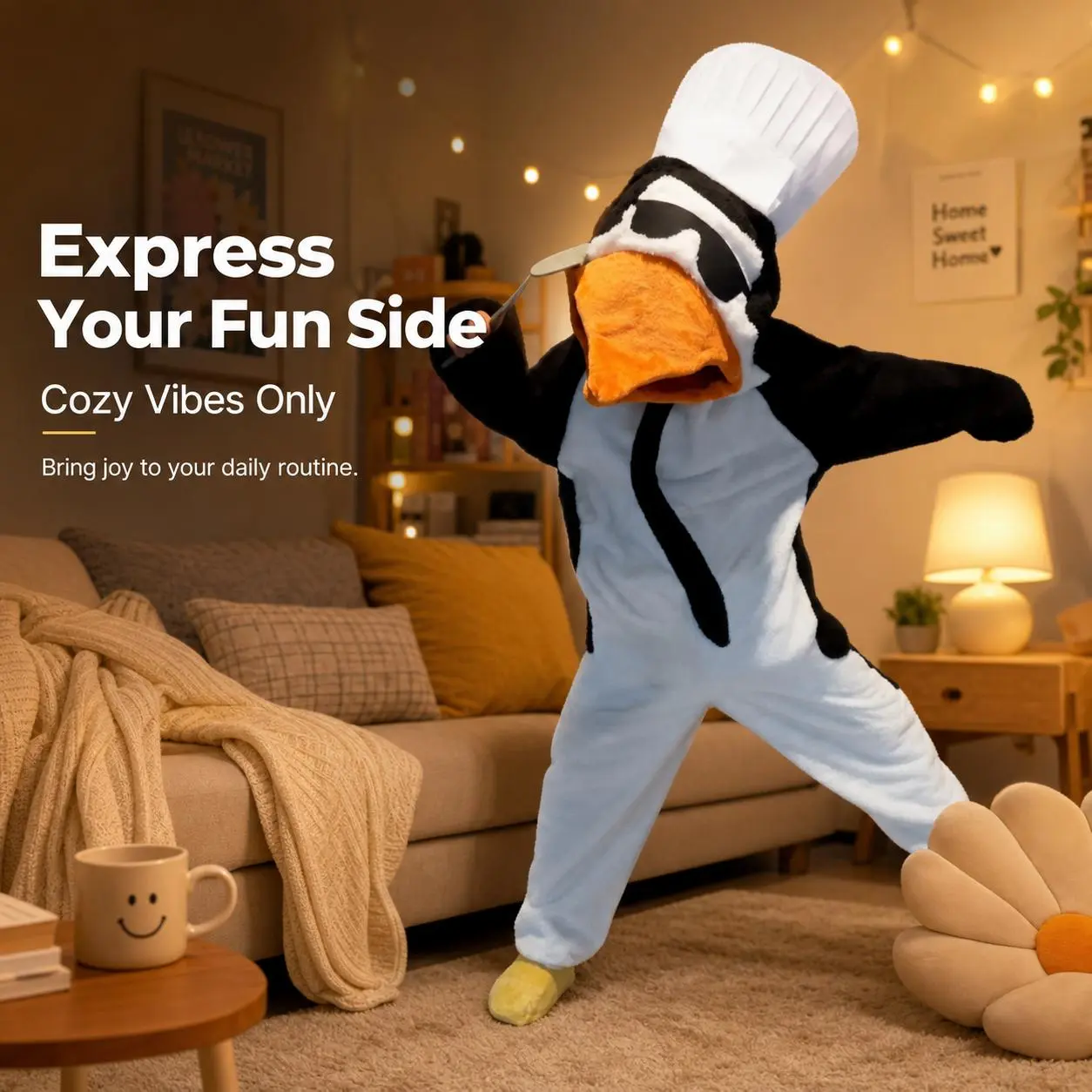 Unisex Penguin Chef Onesie Costume, Oversized Coral Fleece Long Sleeve Bodysuit with Plush Accessories and Attached Slippers, Oversized Cut