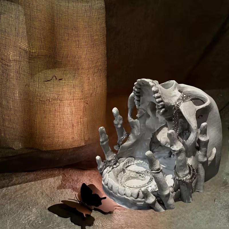 Gothic Skull Jewelry Organizer Box, Halloween Decor with Compartments, Necklace Hooks, Lined Interior, Resin Desktop Storage, Artistic Home Décor