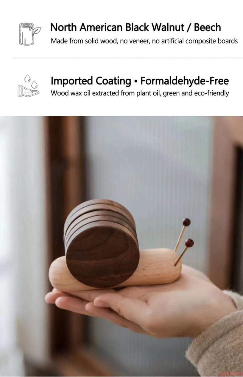 5pcsCreative Snail Shaped Coaster Set, Made Of North American Black Walnut Wood, Heat Resistant Wooden Drink Mats With Exquisite Cute Design For Coffee Table Indoor Household Daily Drink Placement