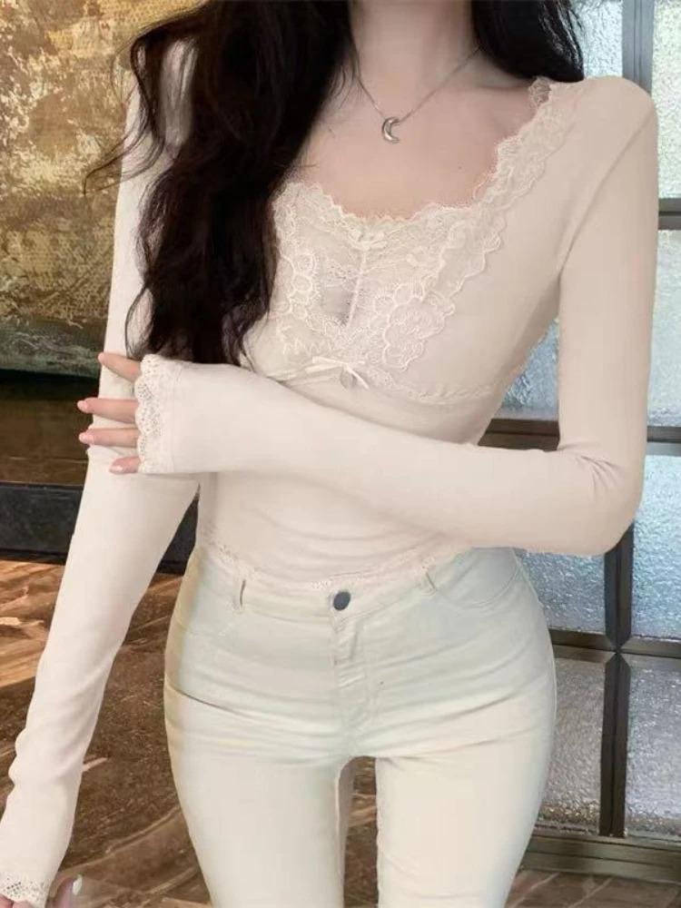 Pink V-neck Lace Edge Spliced Base Shirt Women Autumn Winter Inner Wear Elegant Fit Tops Harajuku Sweet Bow Casual Soft Clothes Pink V-neck Lace Edge Spliced Base Shirt Women Autumn Winter Inner Wear Elegant Fit Tops Harajuku Sweet Bow Casual Soft Clothes